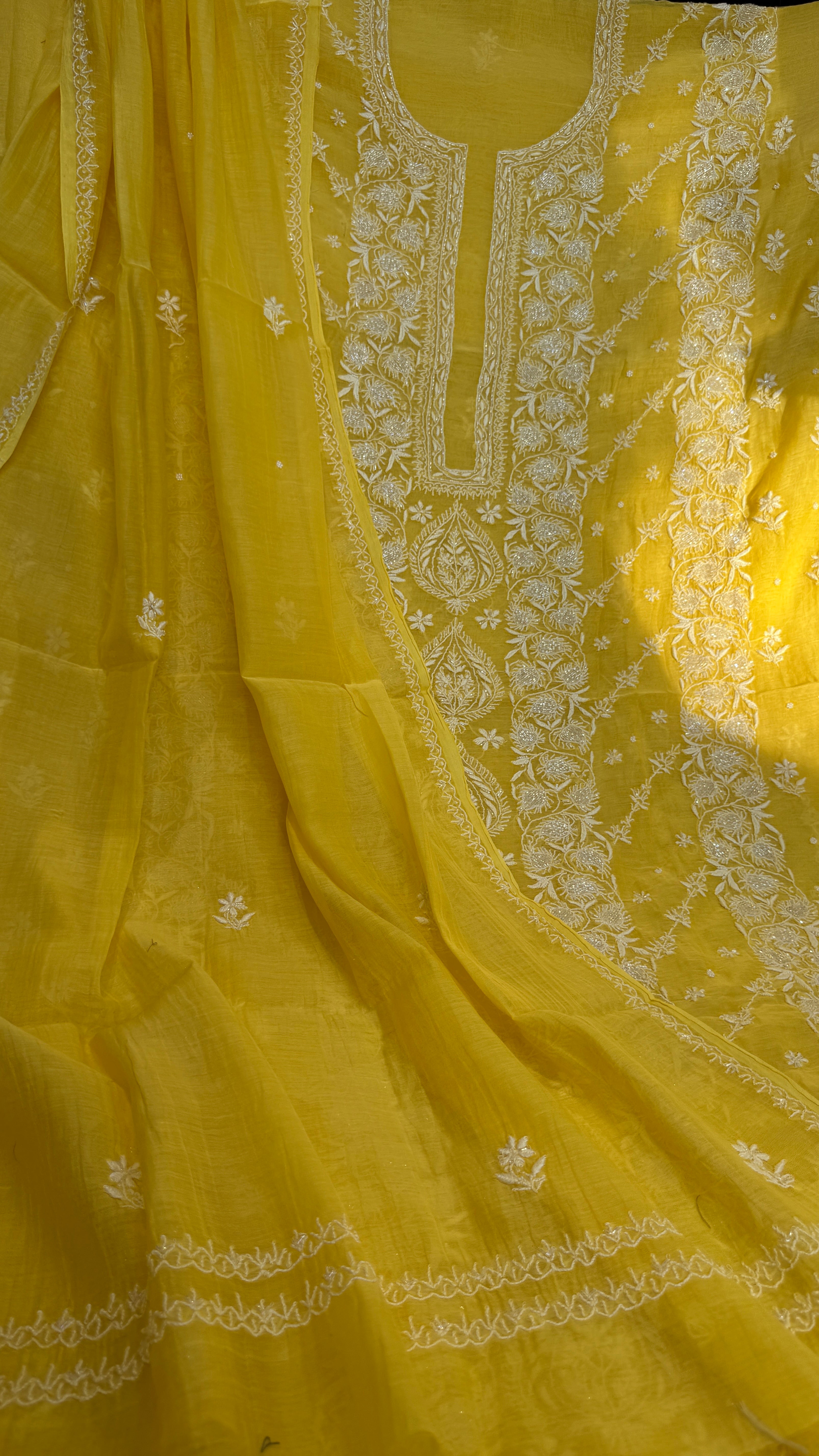 Mul Chanderi Chikankari - Heavy Unstitched Set - Yellow