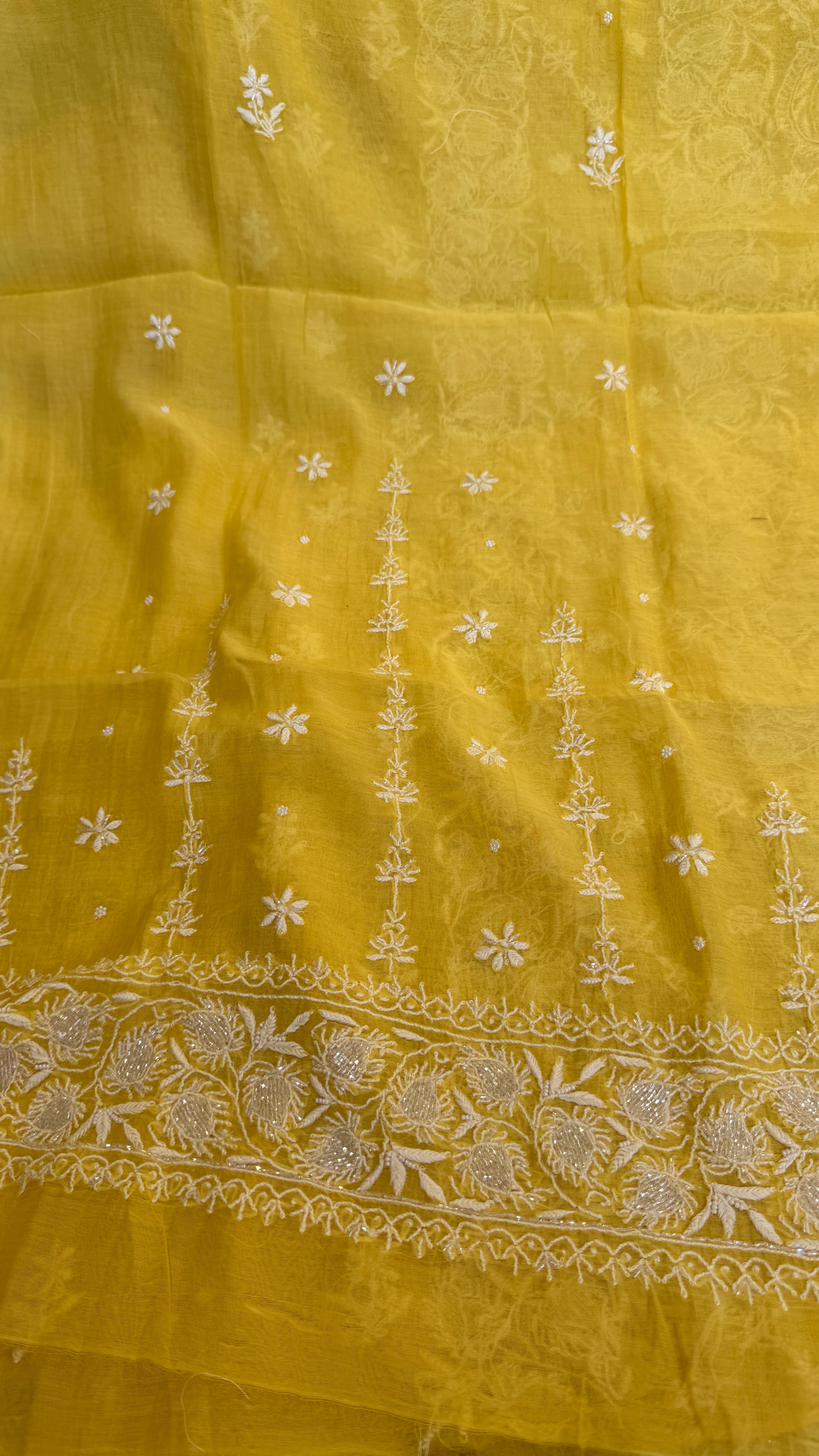 Mul Chanderi Chikankari - Heavy Unstitched Set - Yellow