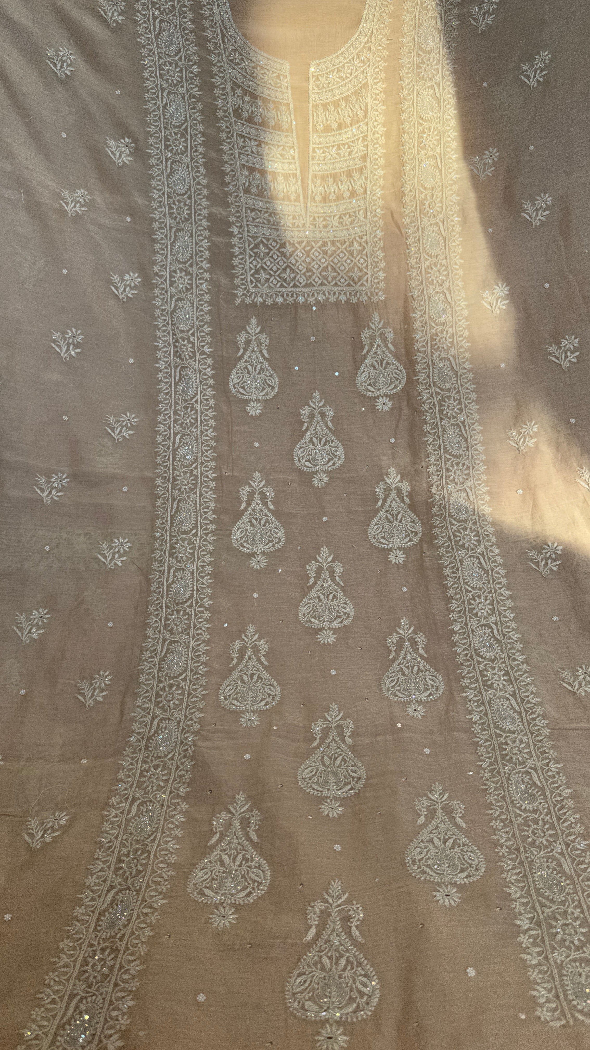 Mul Chanderi Chikankari - Heavy Unstitched Set - Pale Pink