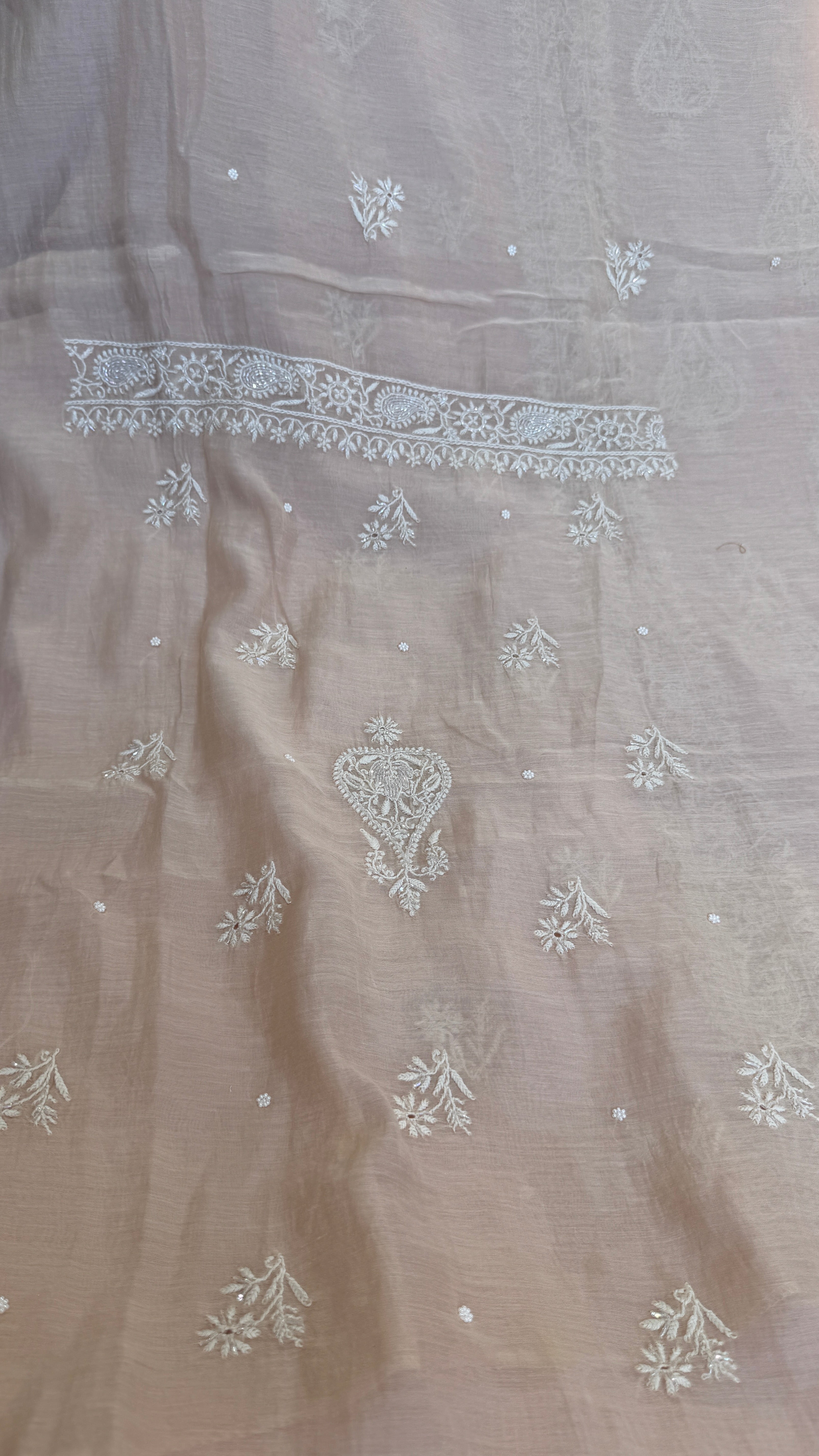 Mul Chanderi Chikankari - Heavy Unstitched Set - Pale Pink