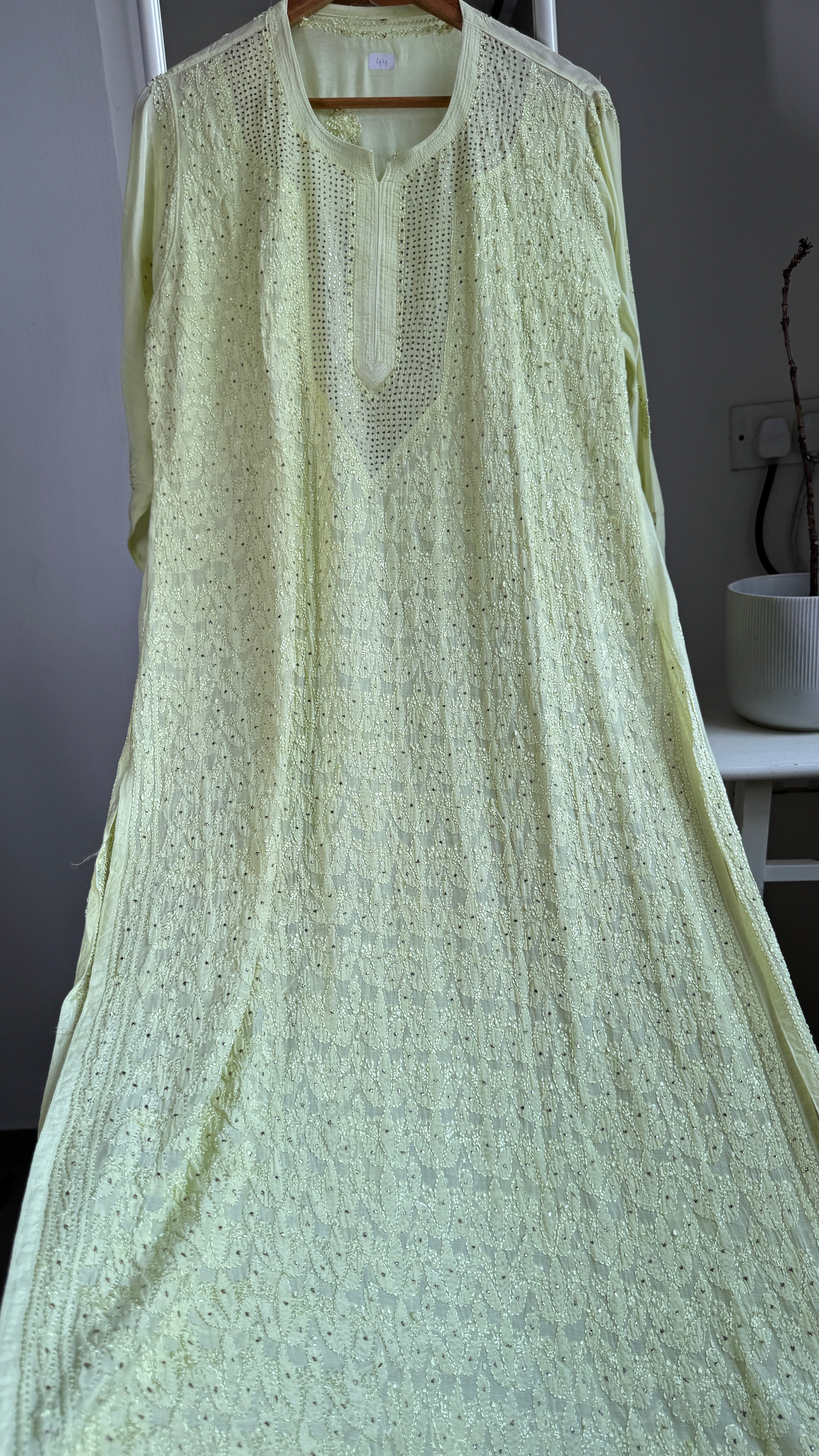 Muslin Chikankari Full Jaal Kurti with Mukaish work - Apple Green -Aayat Collection