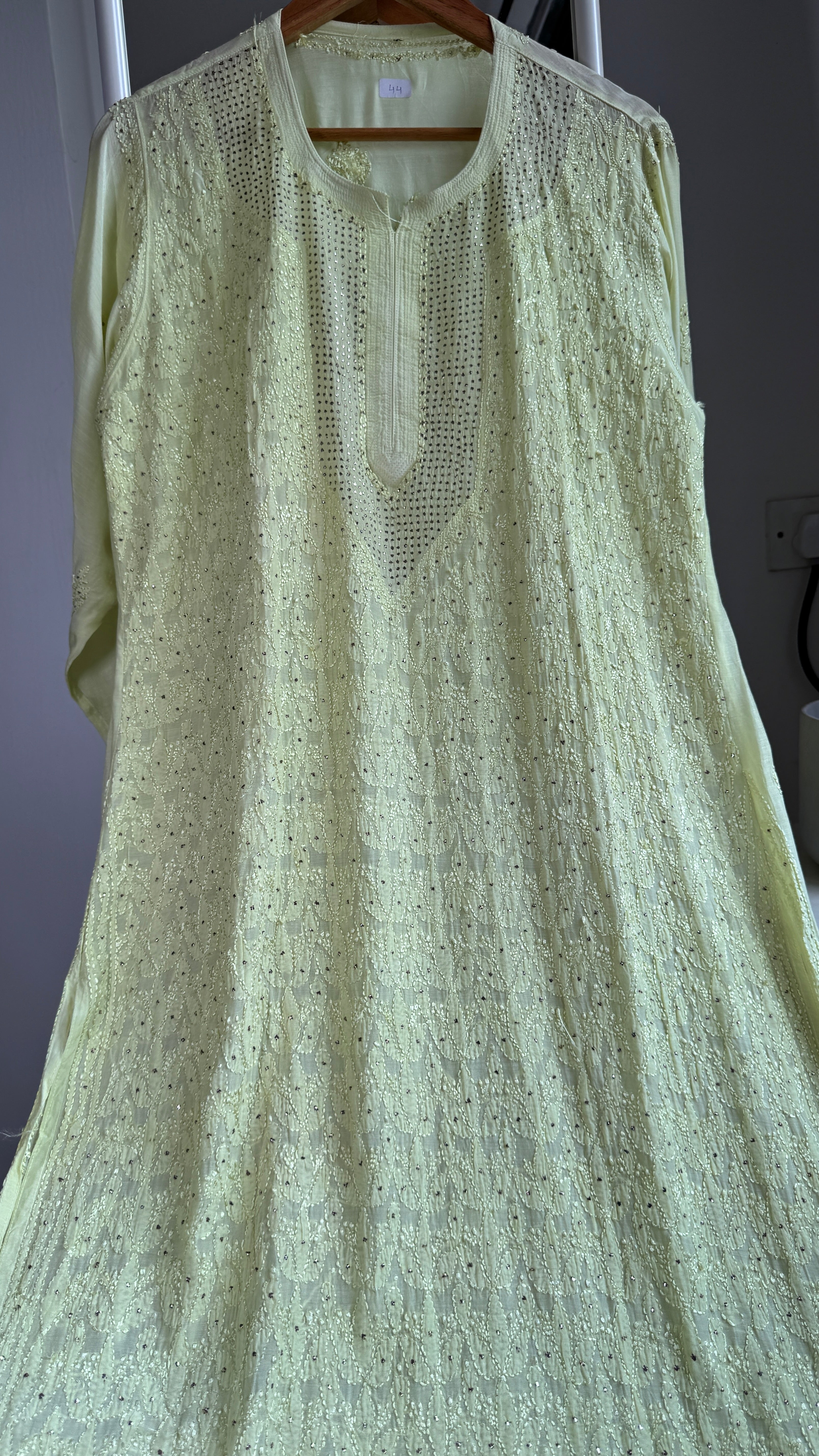 Muslin Chikankari Full Jaal Kurti with Mukaish work - Apple Green -Aayat Collection