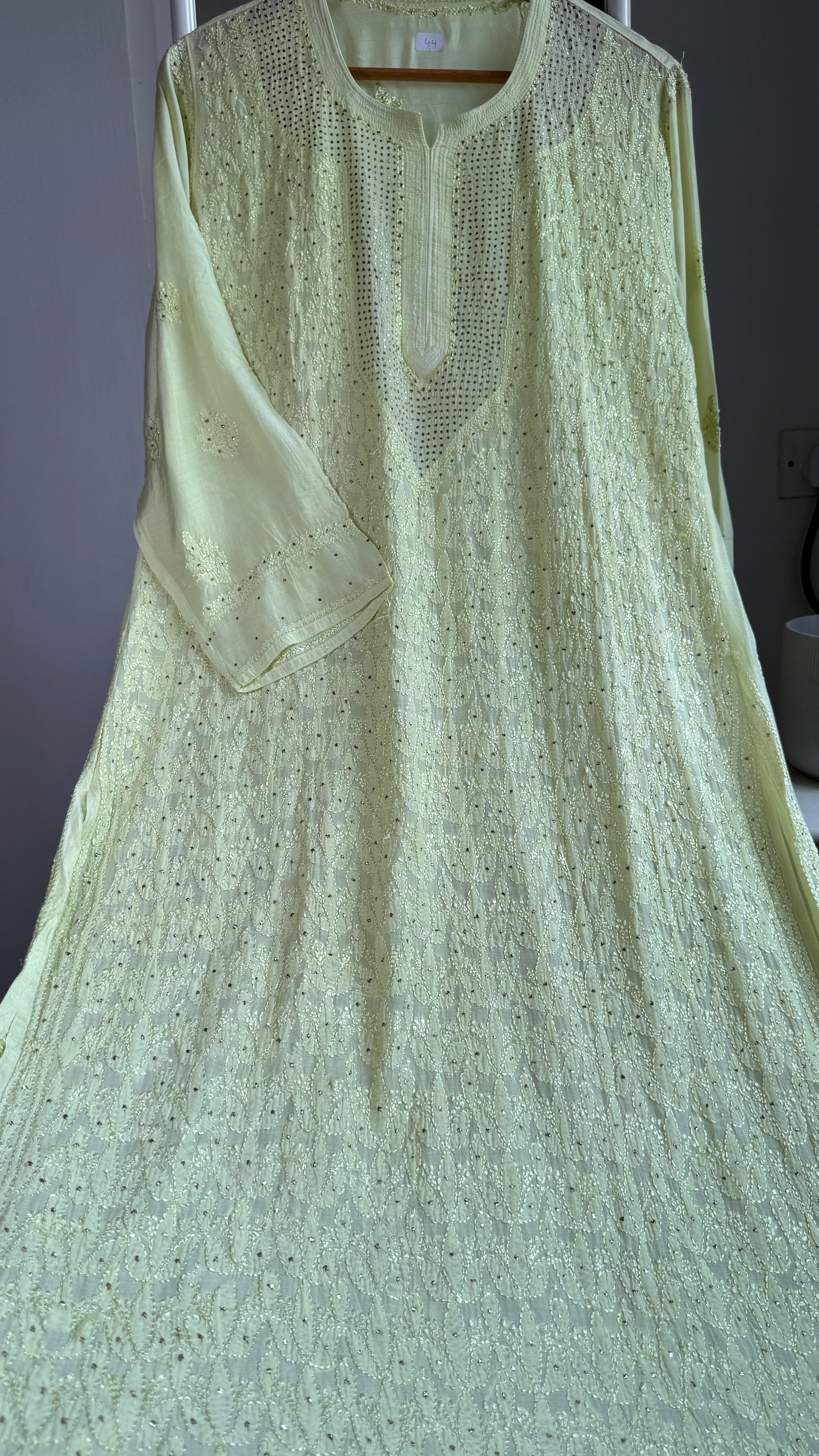 Muslin Chikankari Full Jaal Kurti with Mukaish work - Apple Green -Aayat Collection