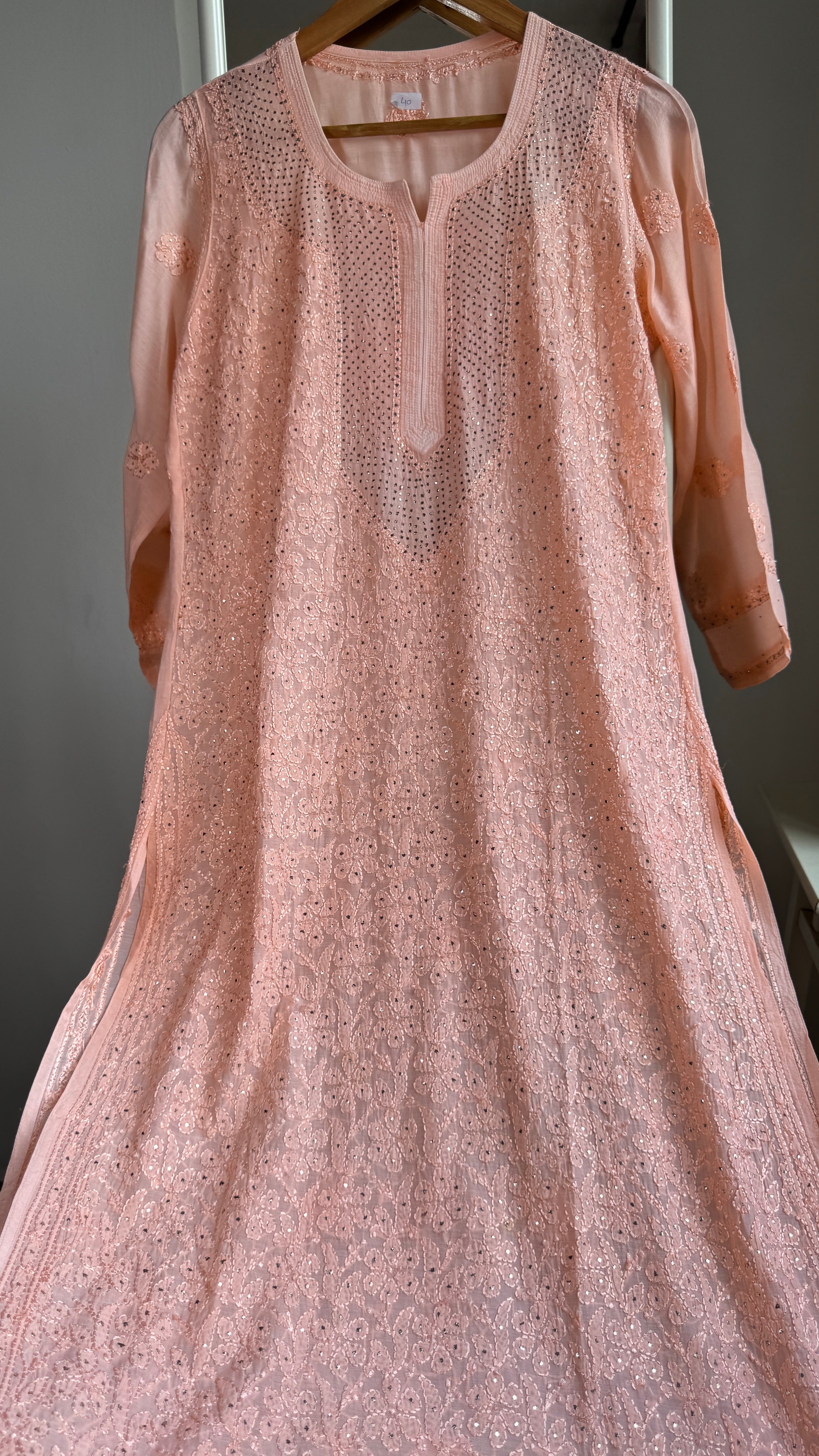 Muslin Chikankari Full Jaal Kurti with Mukaish work - Peach - Aayat Collection