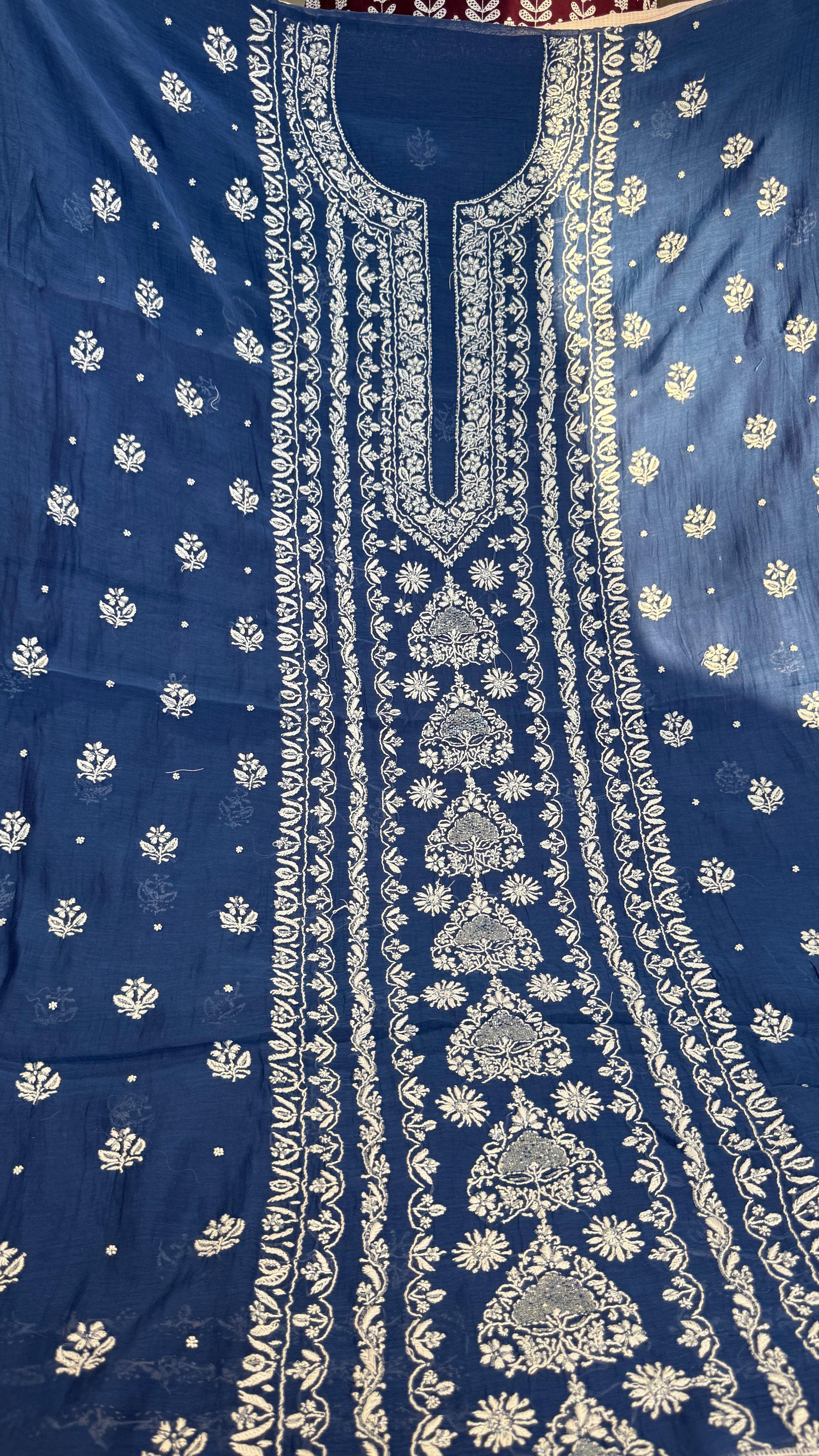 Mul Chanderi Chikankari - Heavy Unstitched Set - Navy Blue