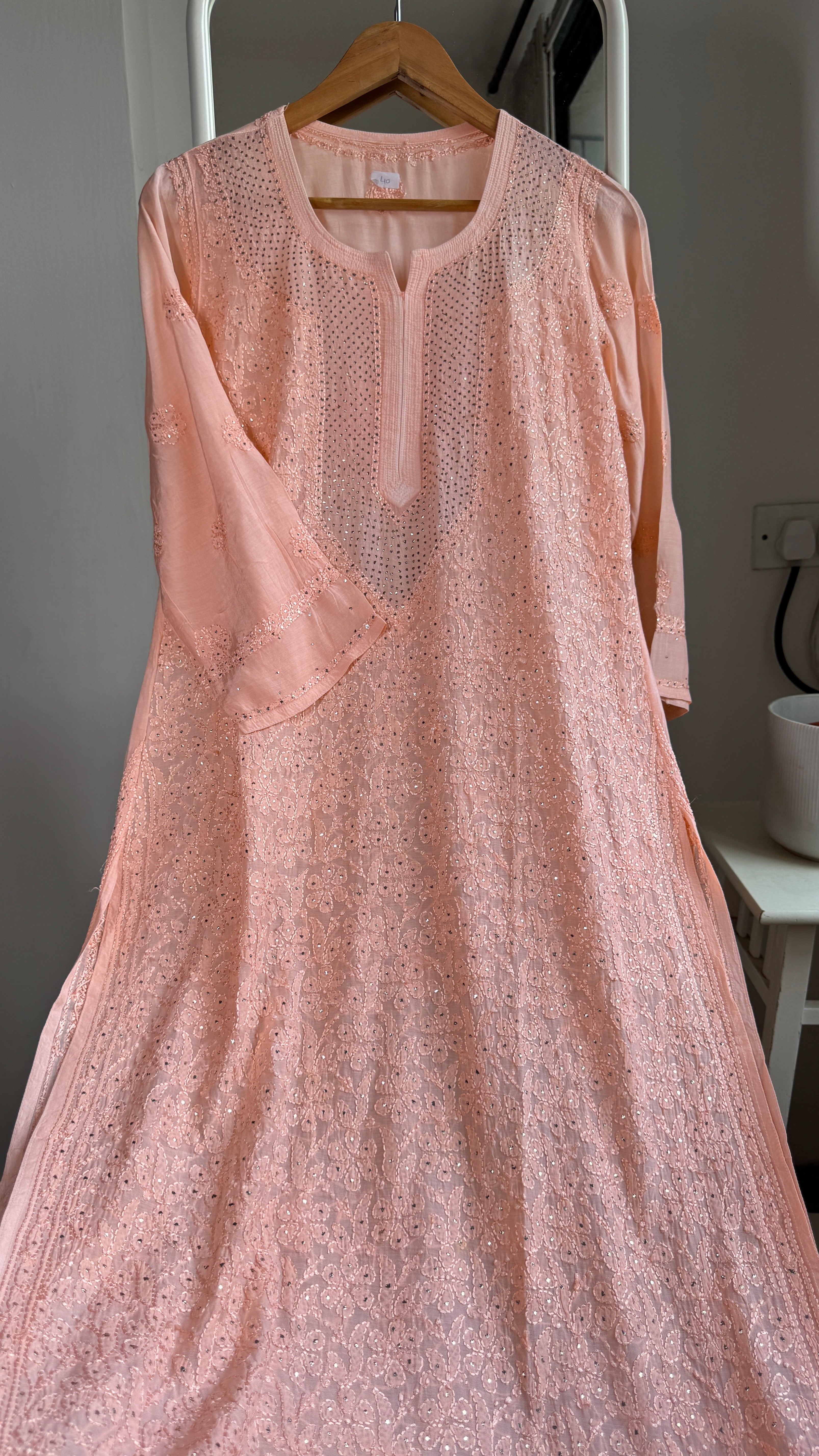 Muslin Chikankari Full Jaal Kurti with Mukaish work - Peach - Aayat Collection