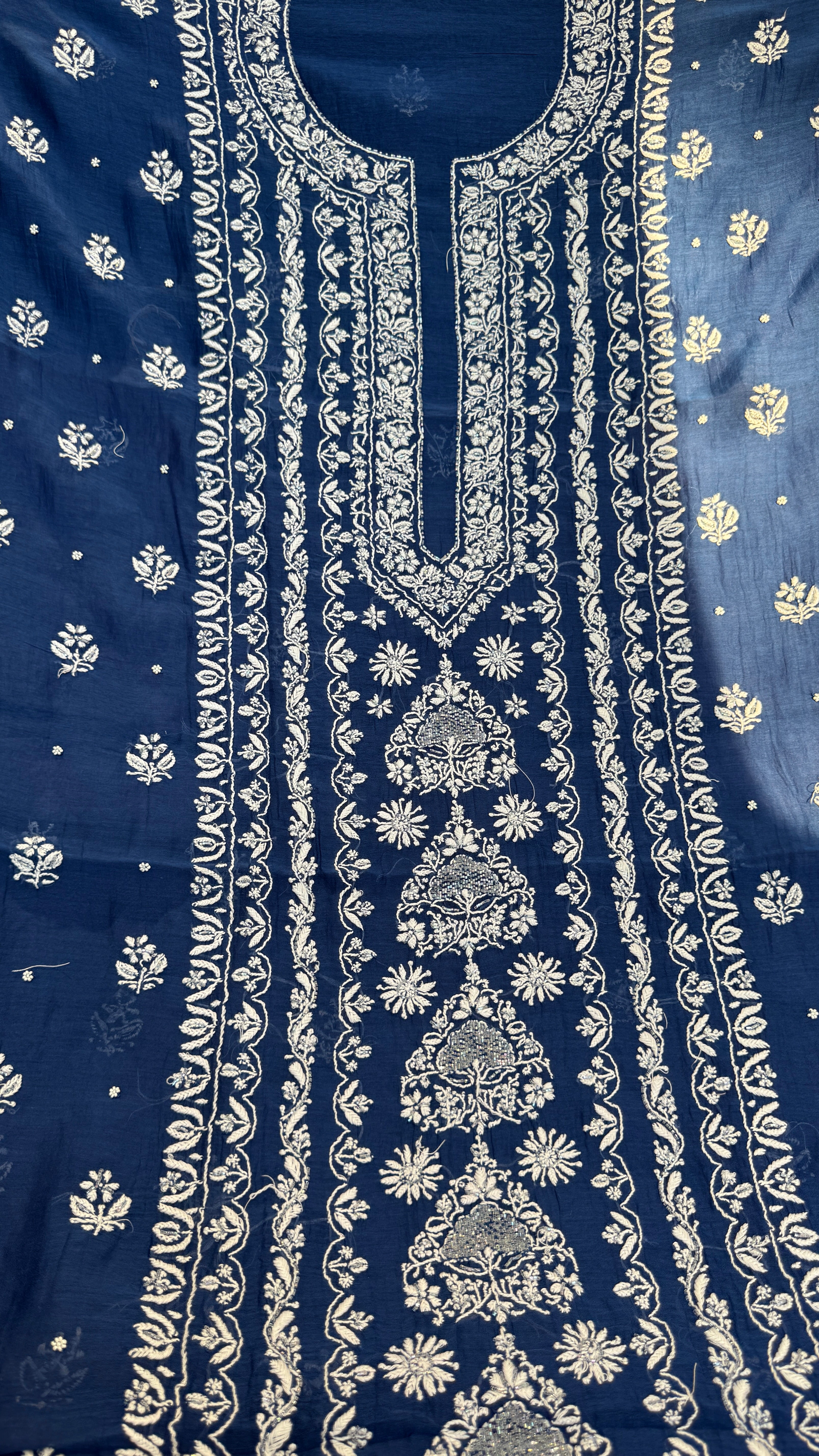Mul Chanderi Chikankari - Heavy Unstitched Set - Navy Blue
