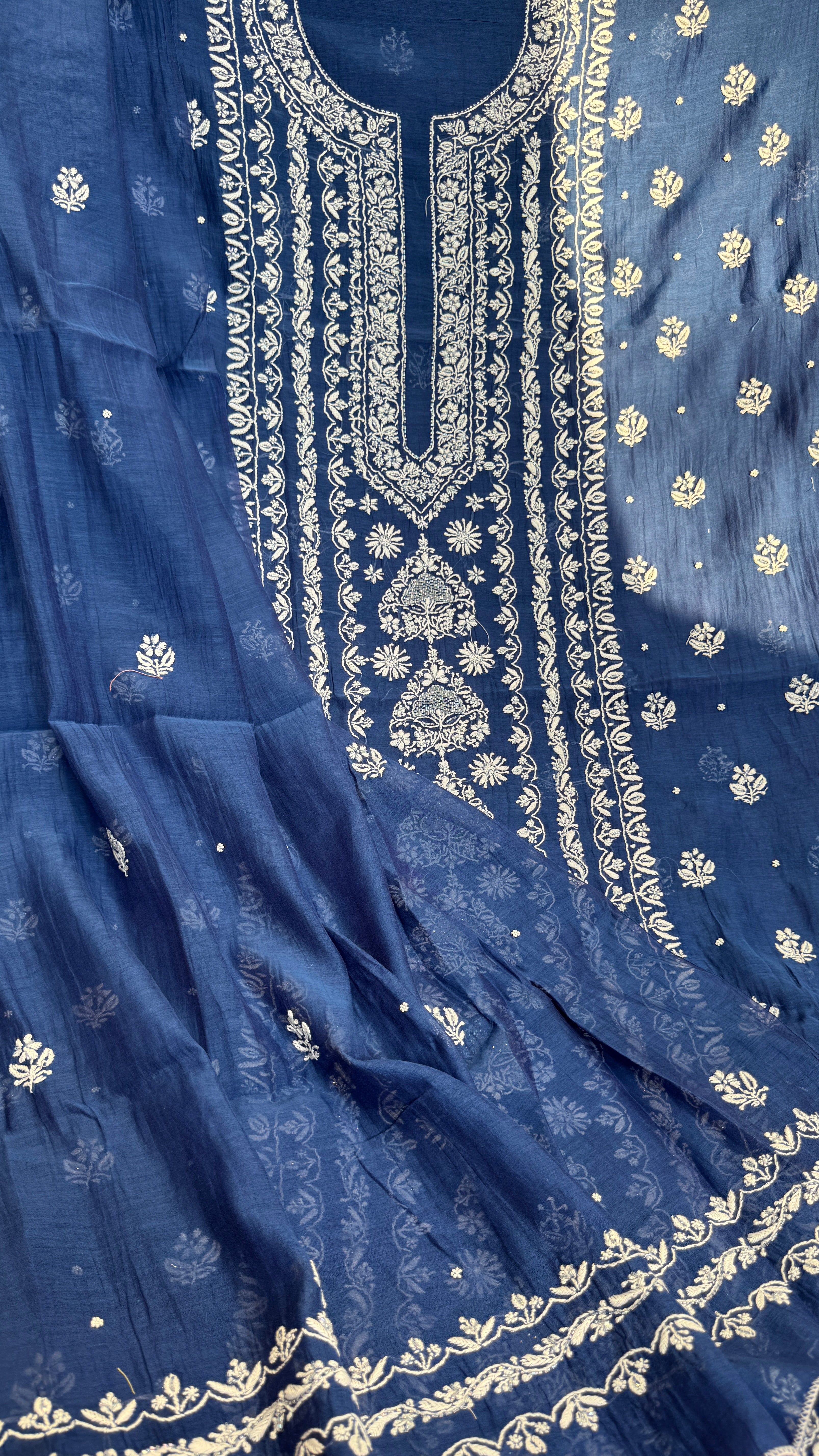 Mul Chanderi Chikankari - Heavy Unstitched Set - Navy Blue