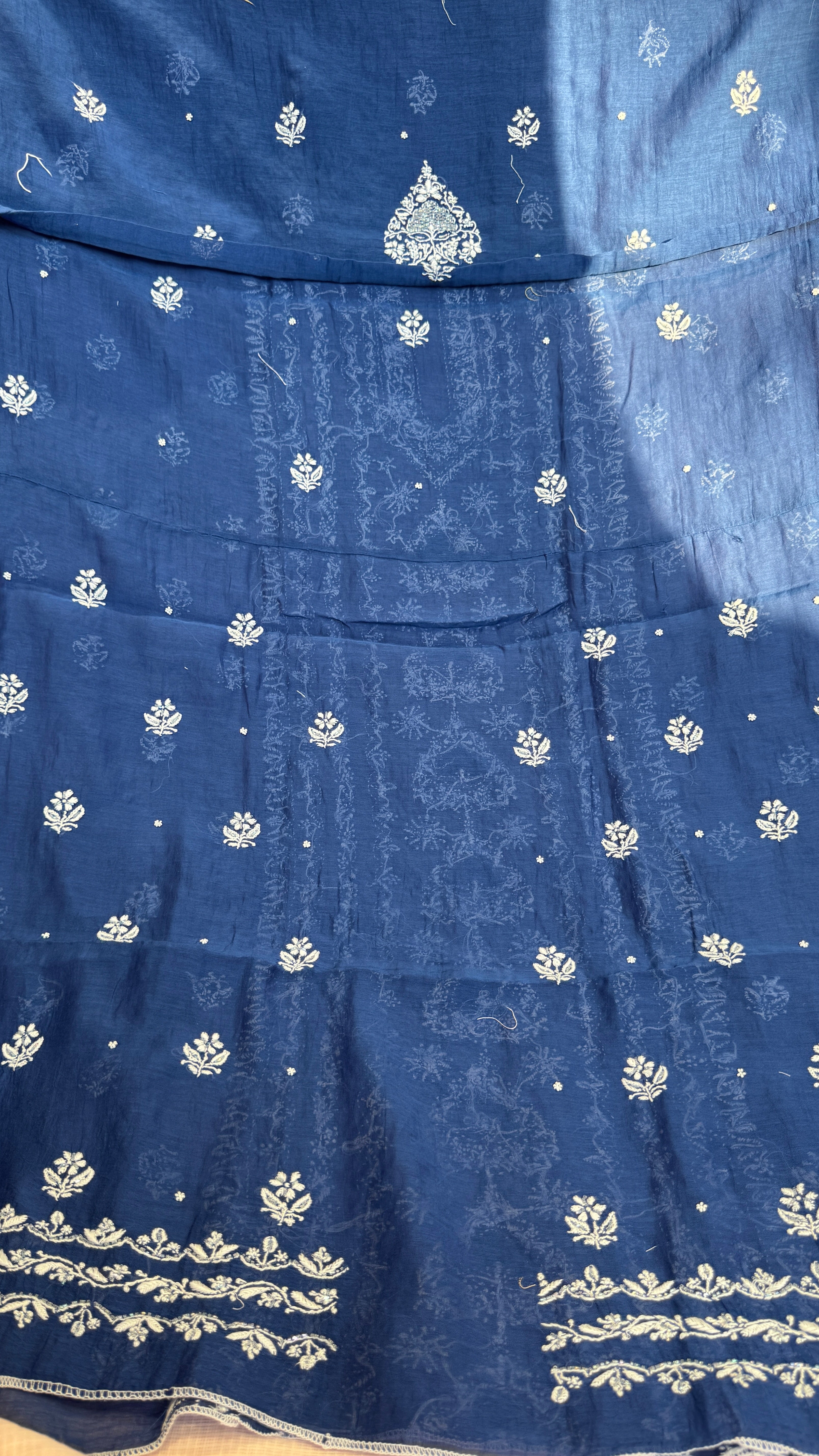 Mul Chanderi Chikankari - Heavy Unstitched Set - Navy Blue