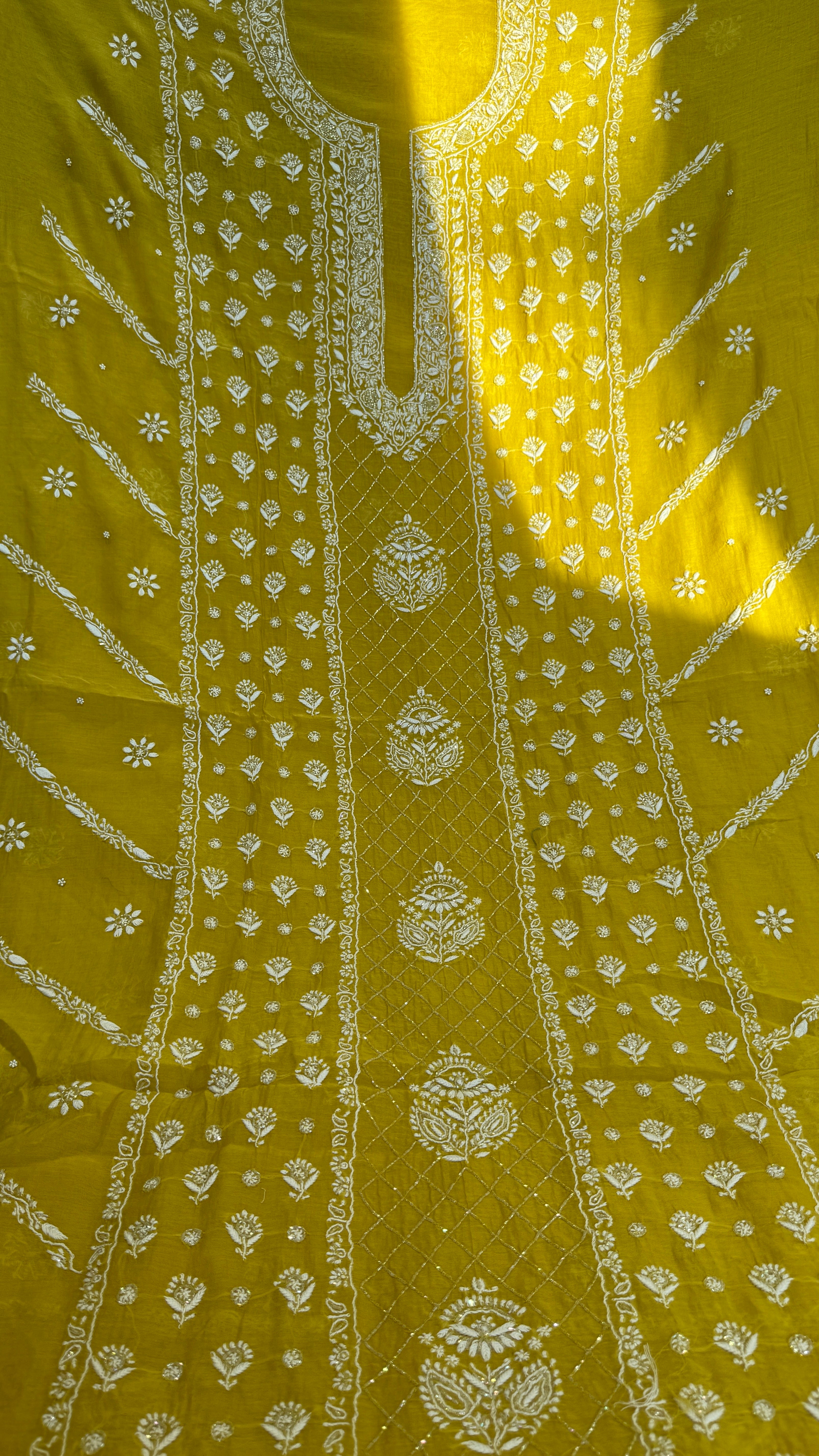 Mul Chanderi Chikankari - Heavy Unstitched Set -Yellow