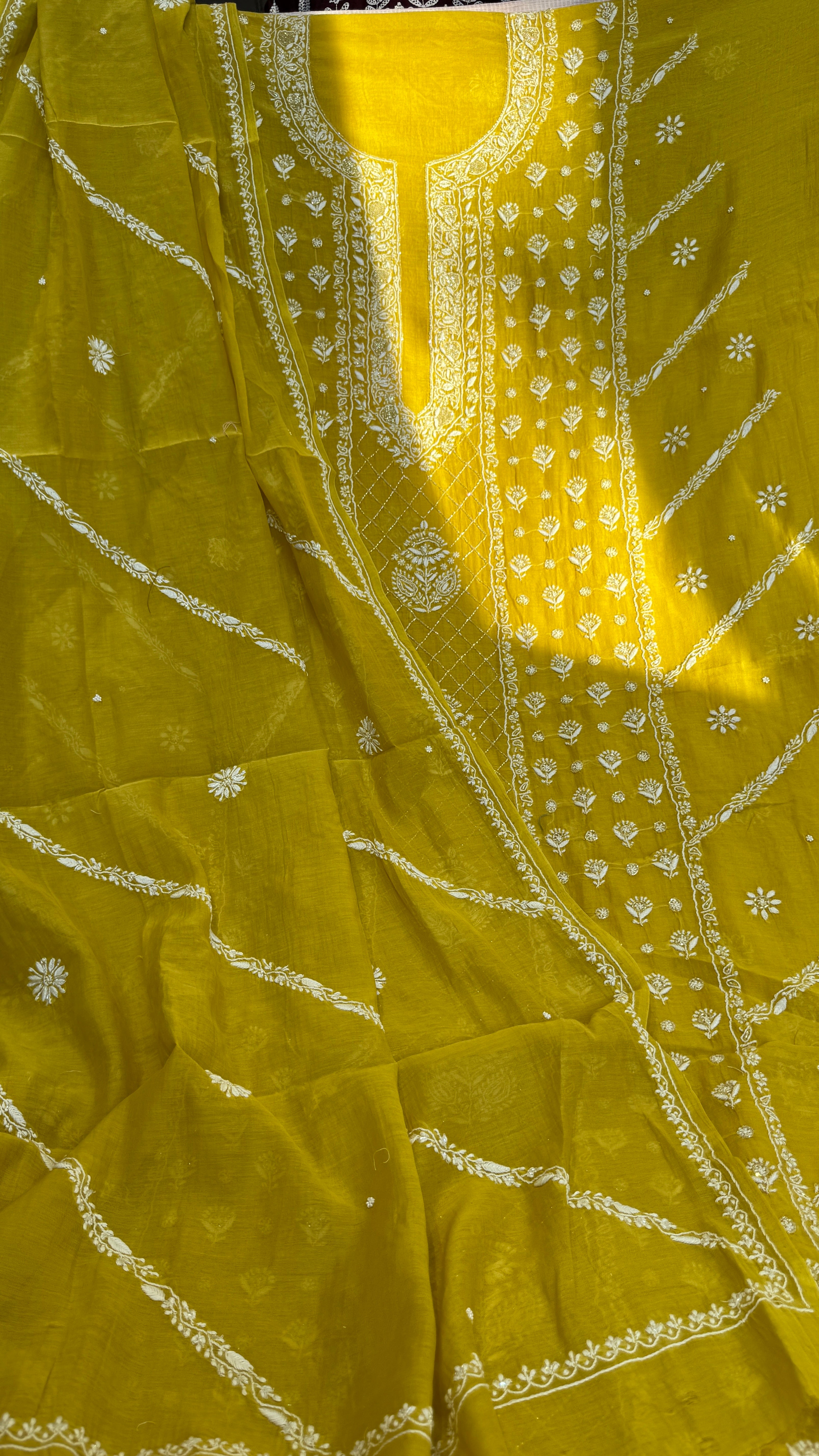 Mul Chanderi Chikankari - Heavy Unstitched Set -Yellow