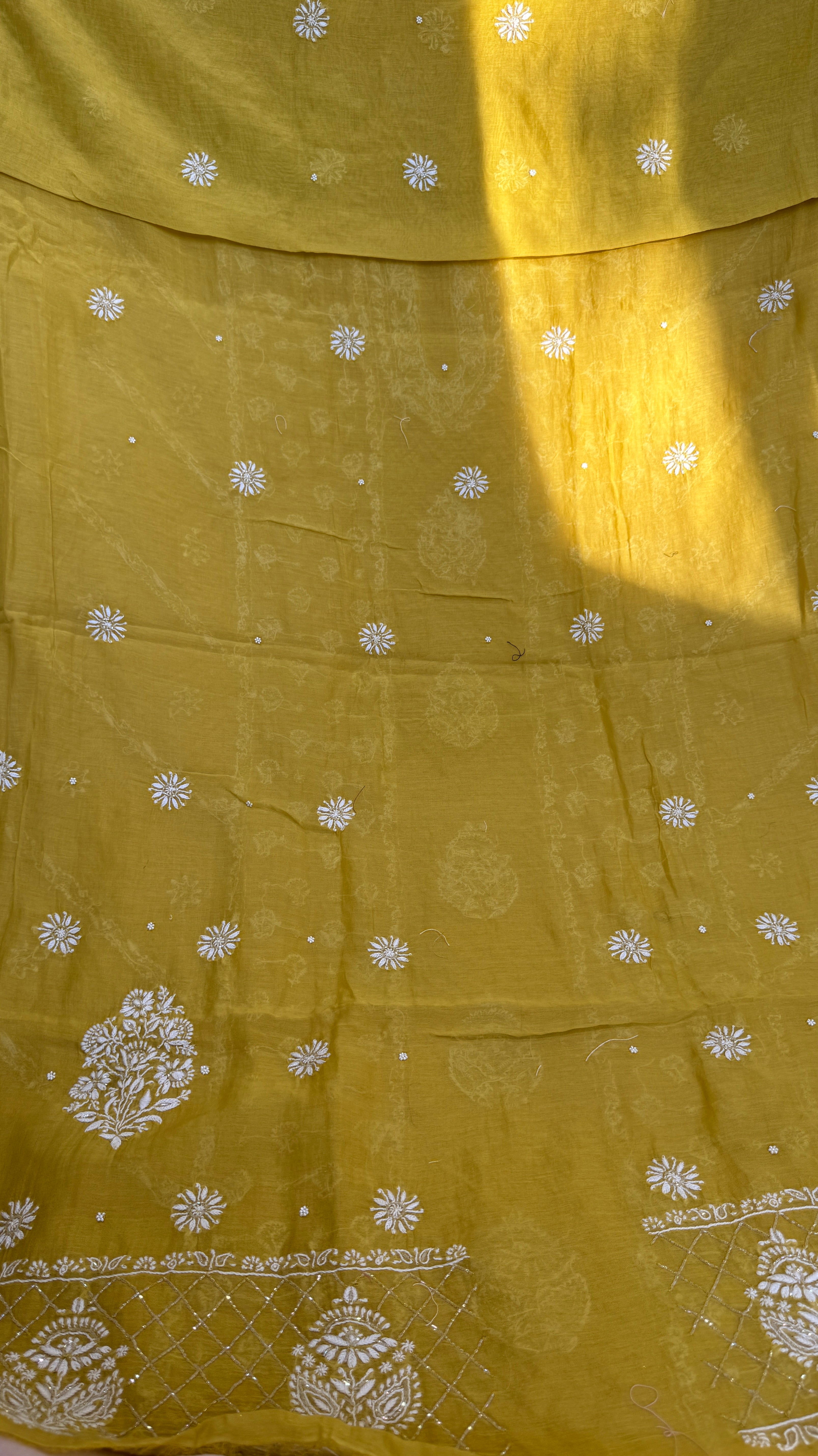 Mul Chanderi Chikankari - Heavy Unstitched Set -Yellow