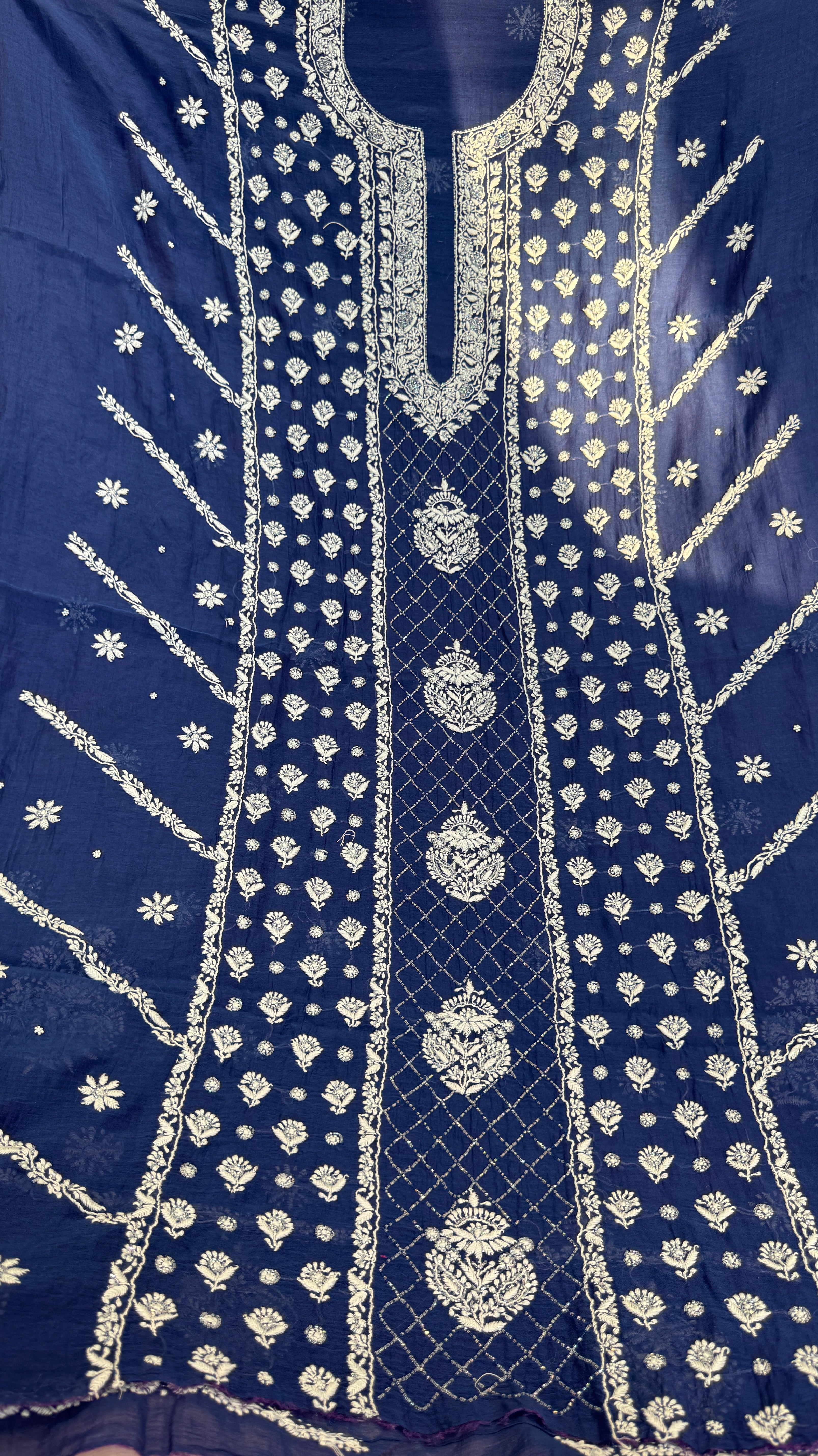 Mul Chanderi Chikankari - Heavy Unstitched Set - Navy Blue