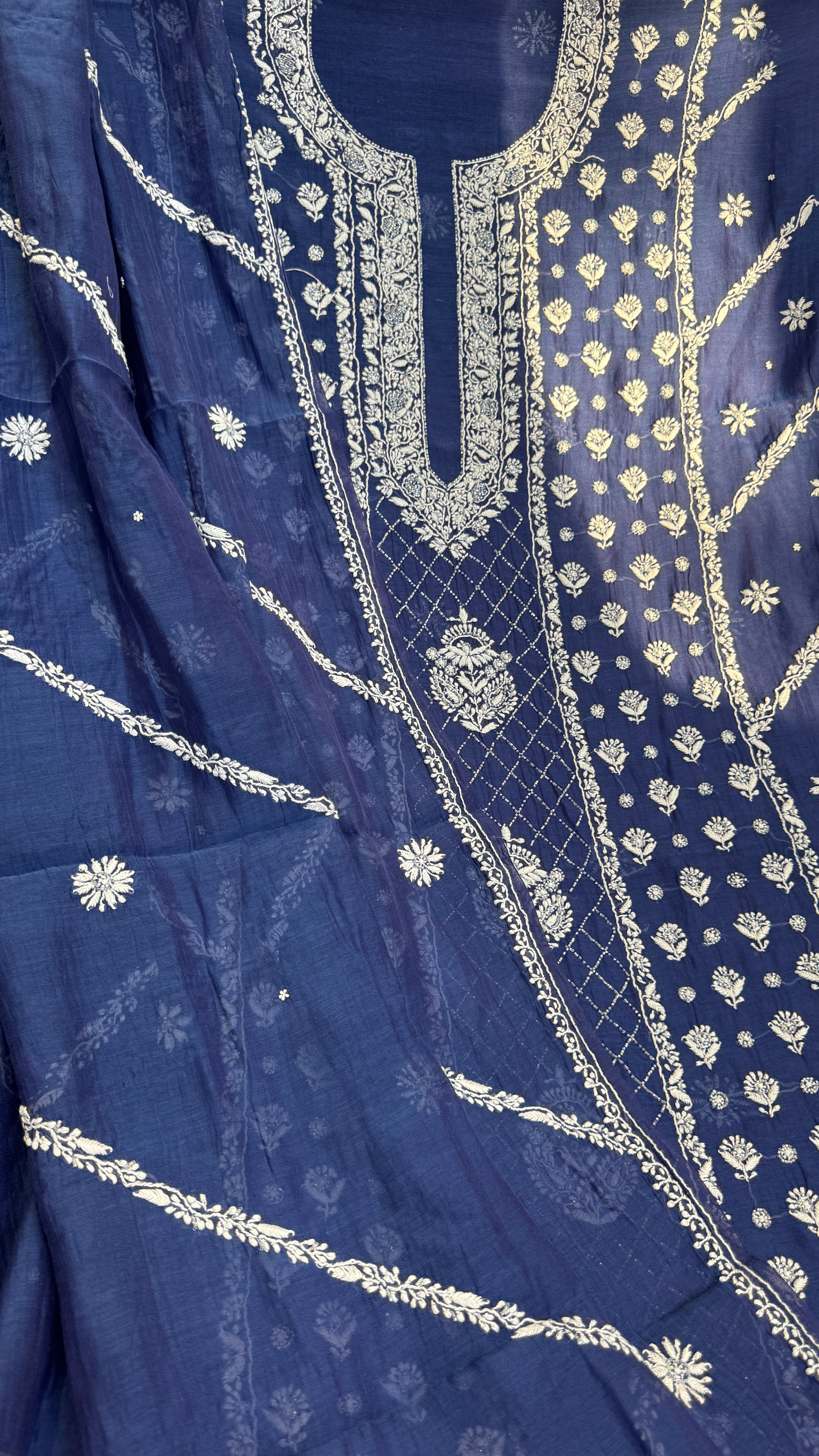 Mul Chanderi Chikankari - Heavy Unstitched Set - Navy Blue