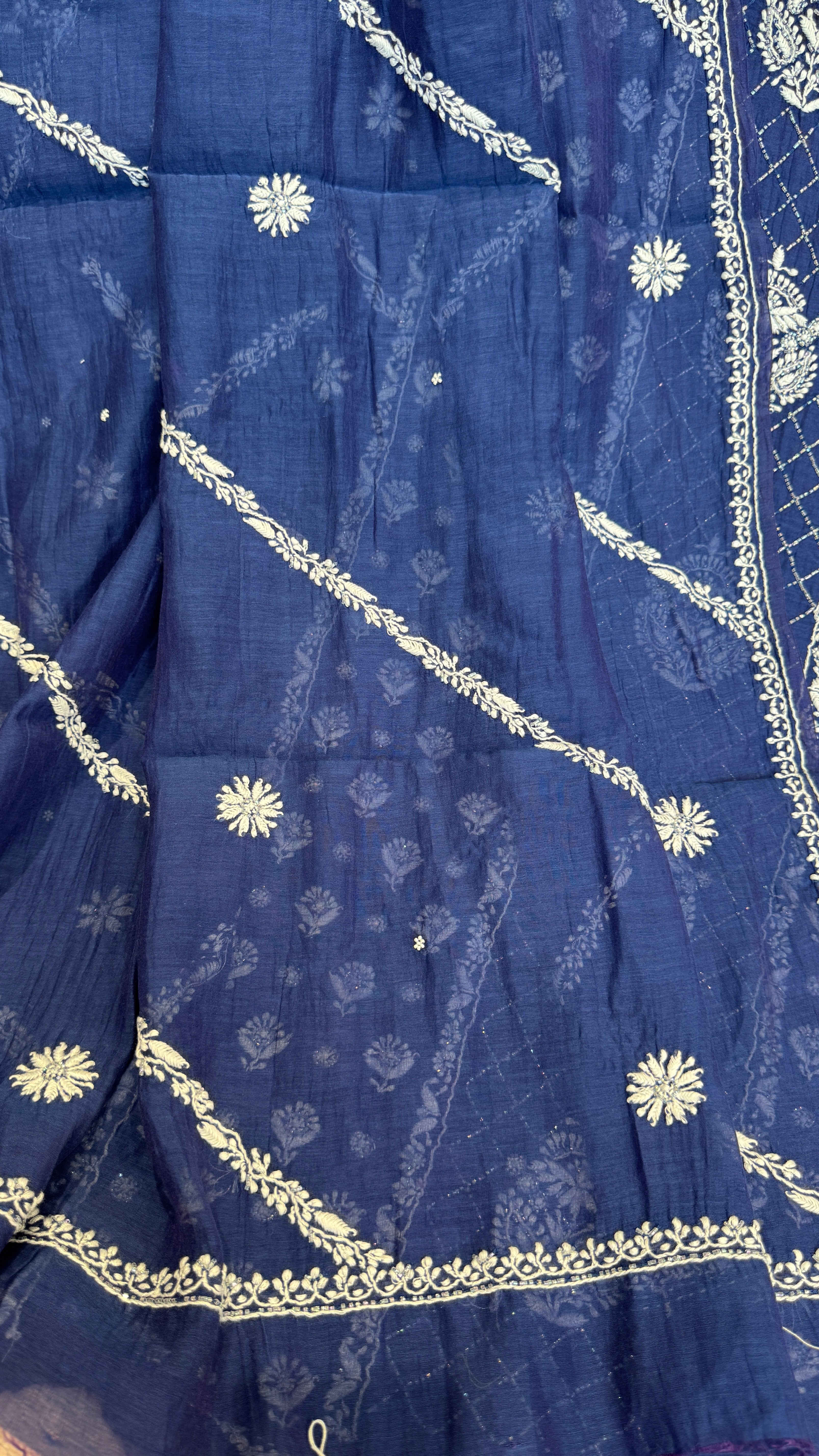Mul Chanderi Chikankari - Heavy Unstitched Set - Navy Blue