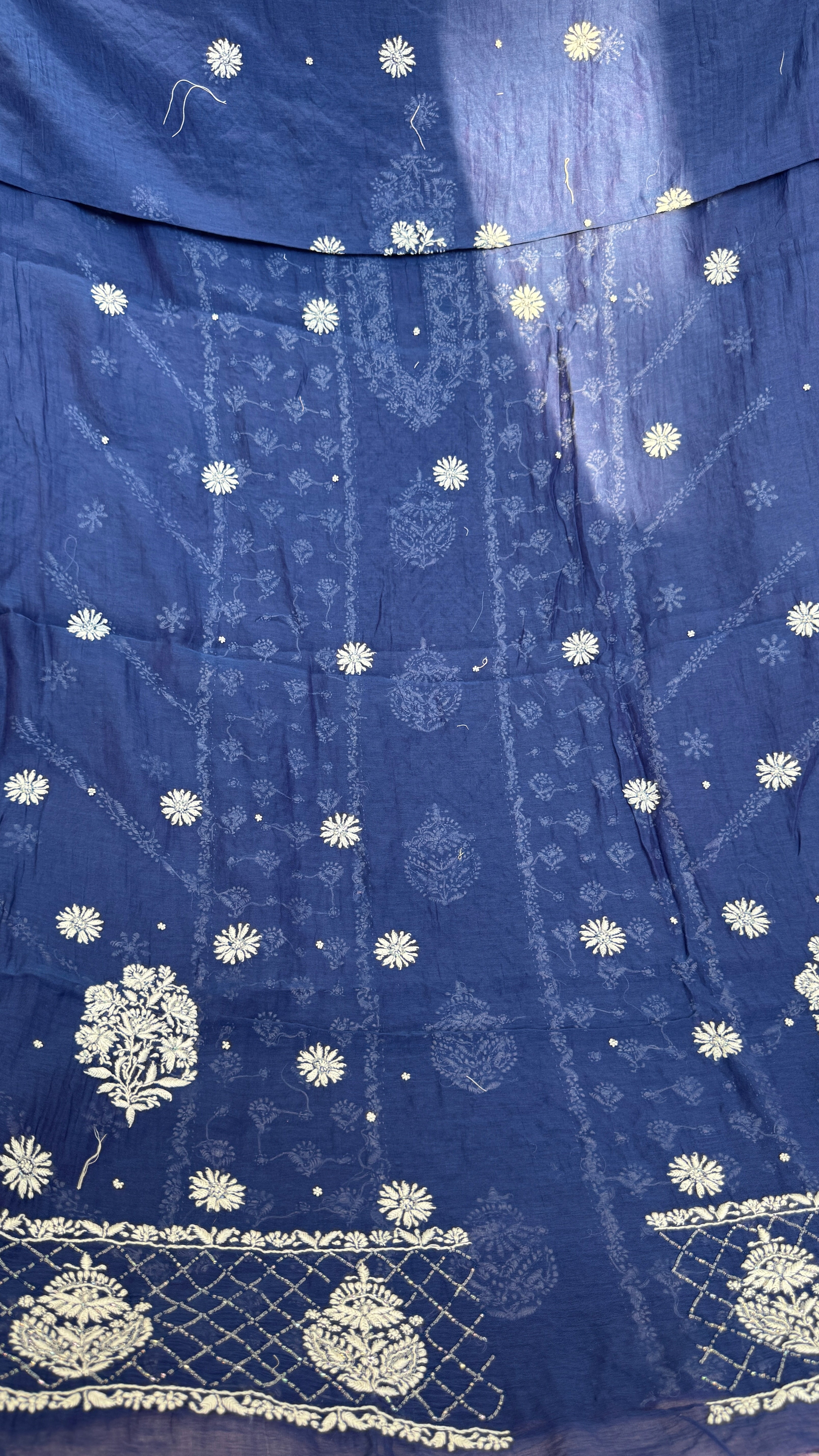 Mul Chanderi Chikankari - Heavy Unstitched Set - Navy Blue