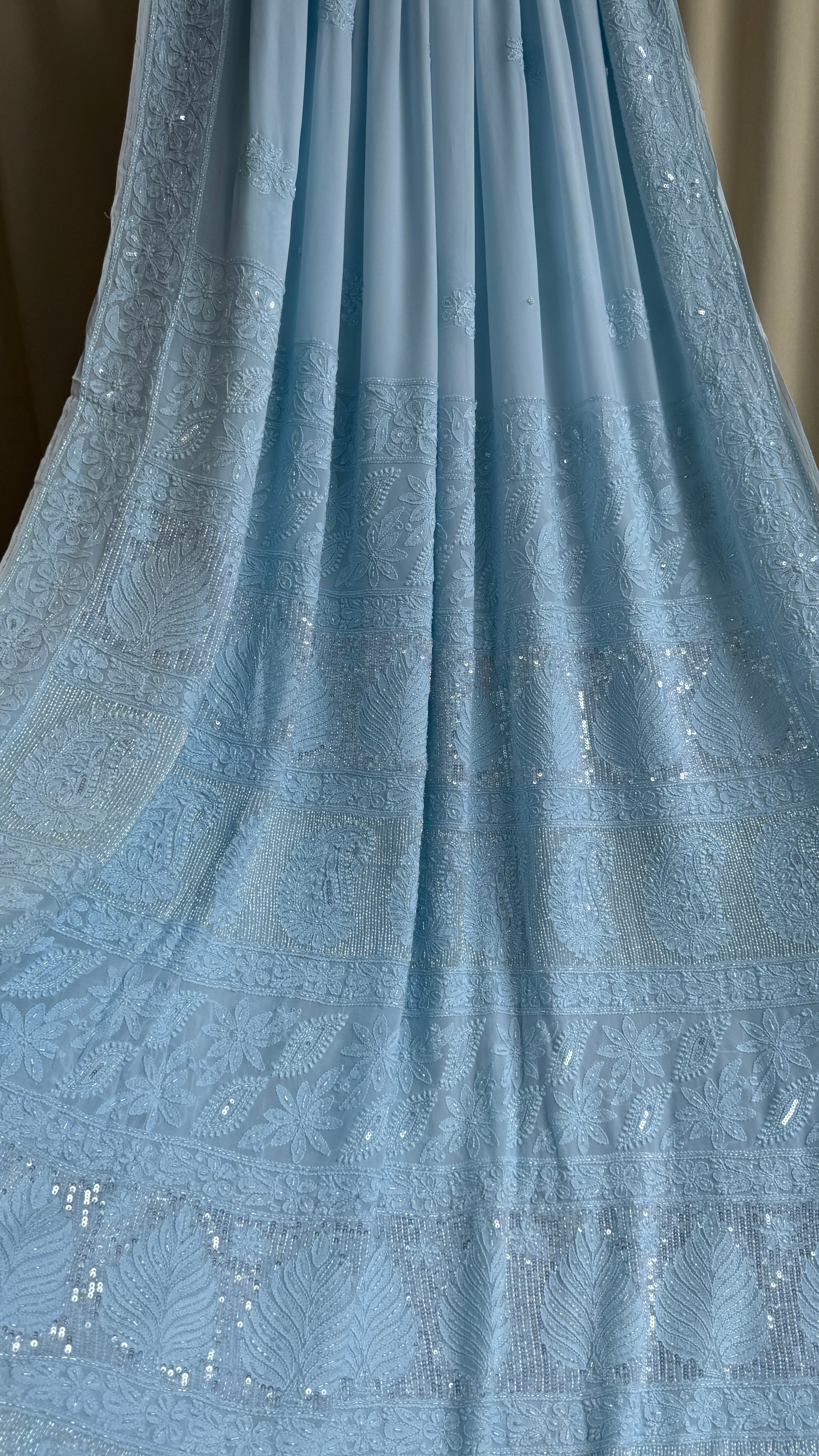 Viscose Chikankari saree with Pearl embellishments - Blue