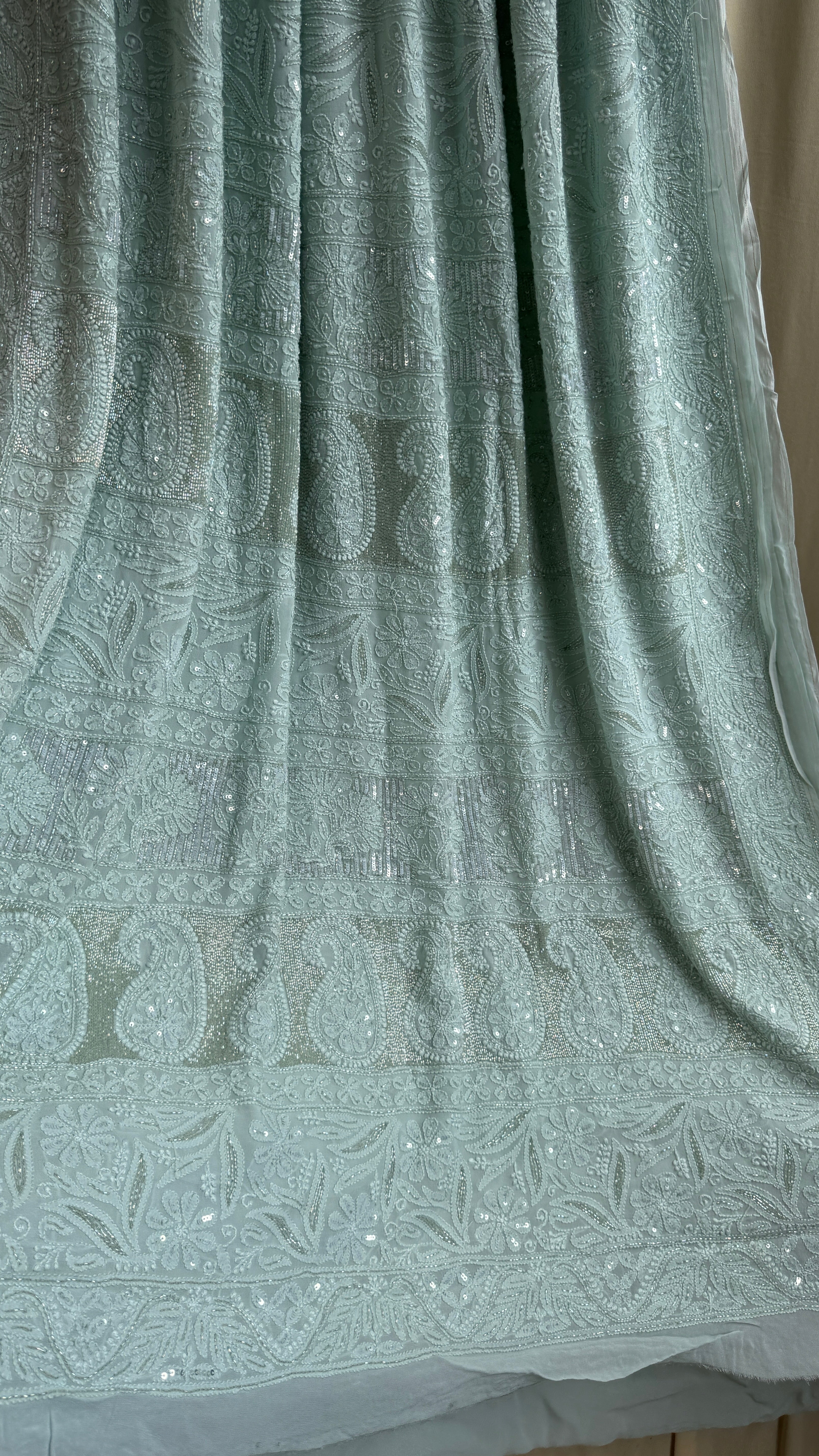 Viscose Chikankari saree with Pearl embellishments - Green