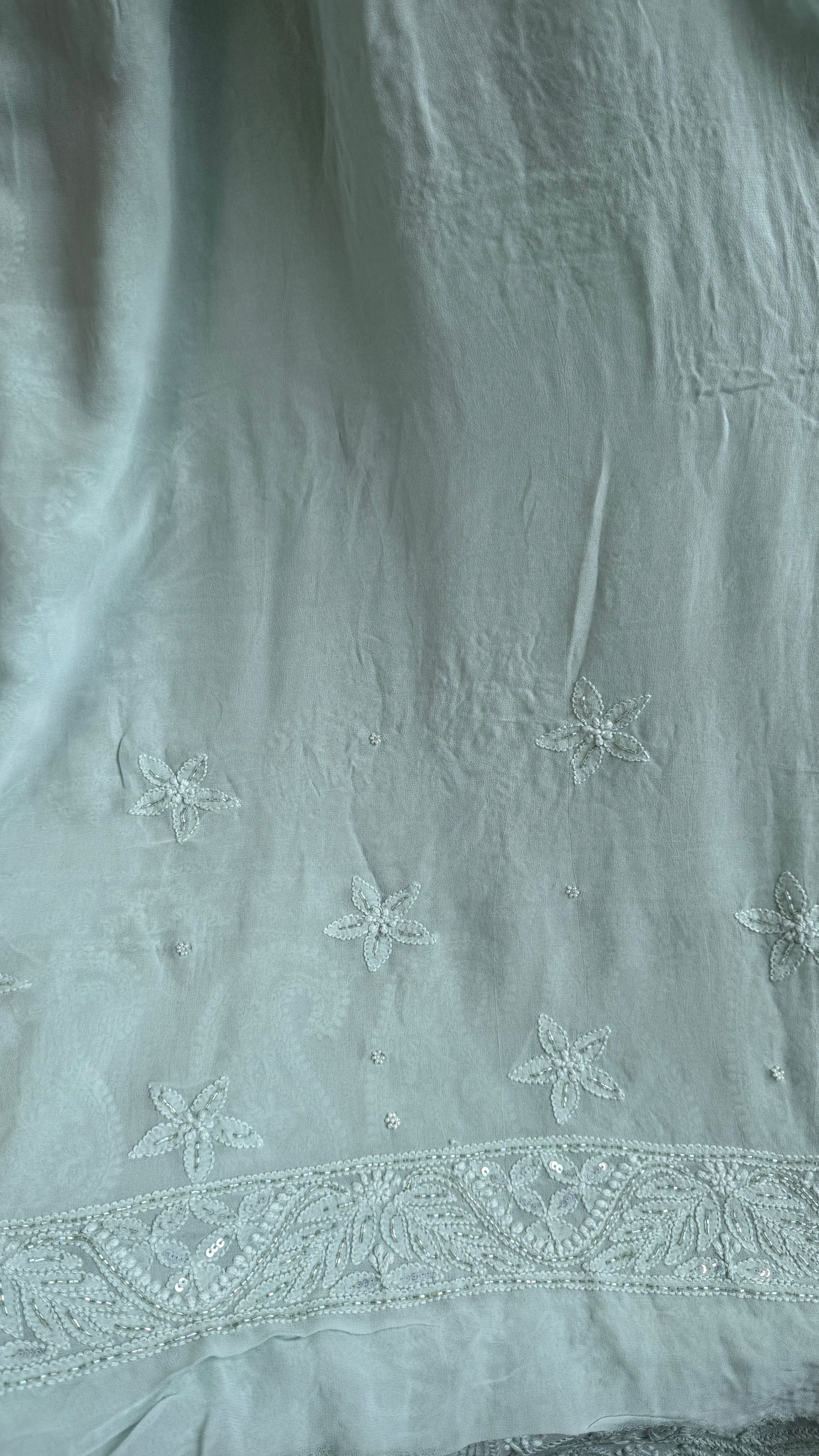 Viscose Chikankari saree with Pearl embellishments - Green