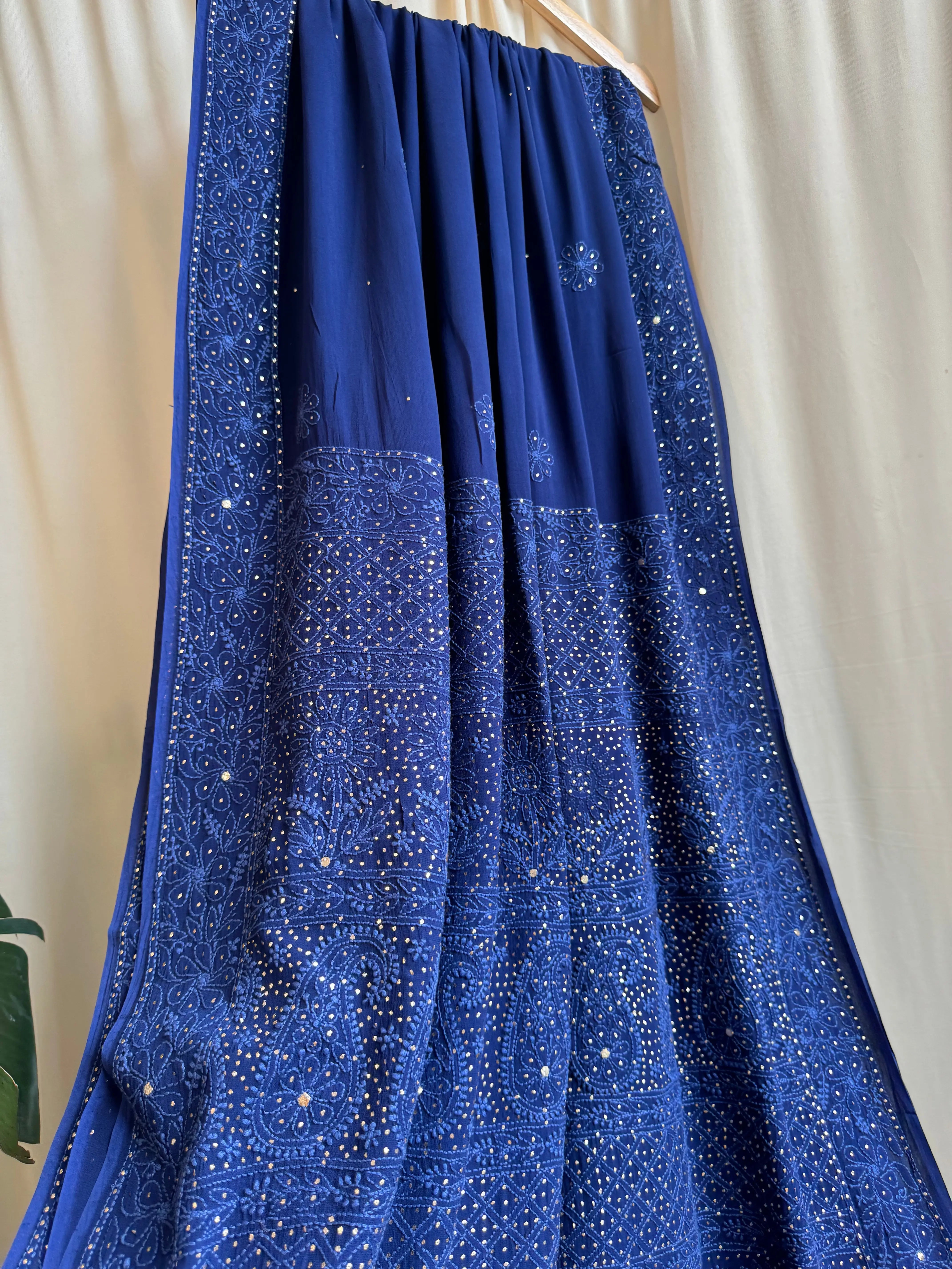 Viscose Dark Blue Chikankari saree with Mukaish Work ARIAA CHIKANKARI
