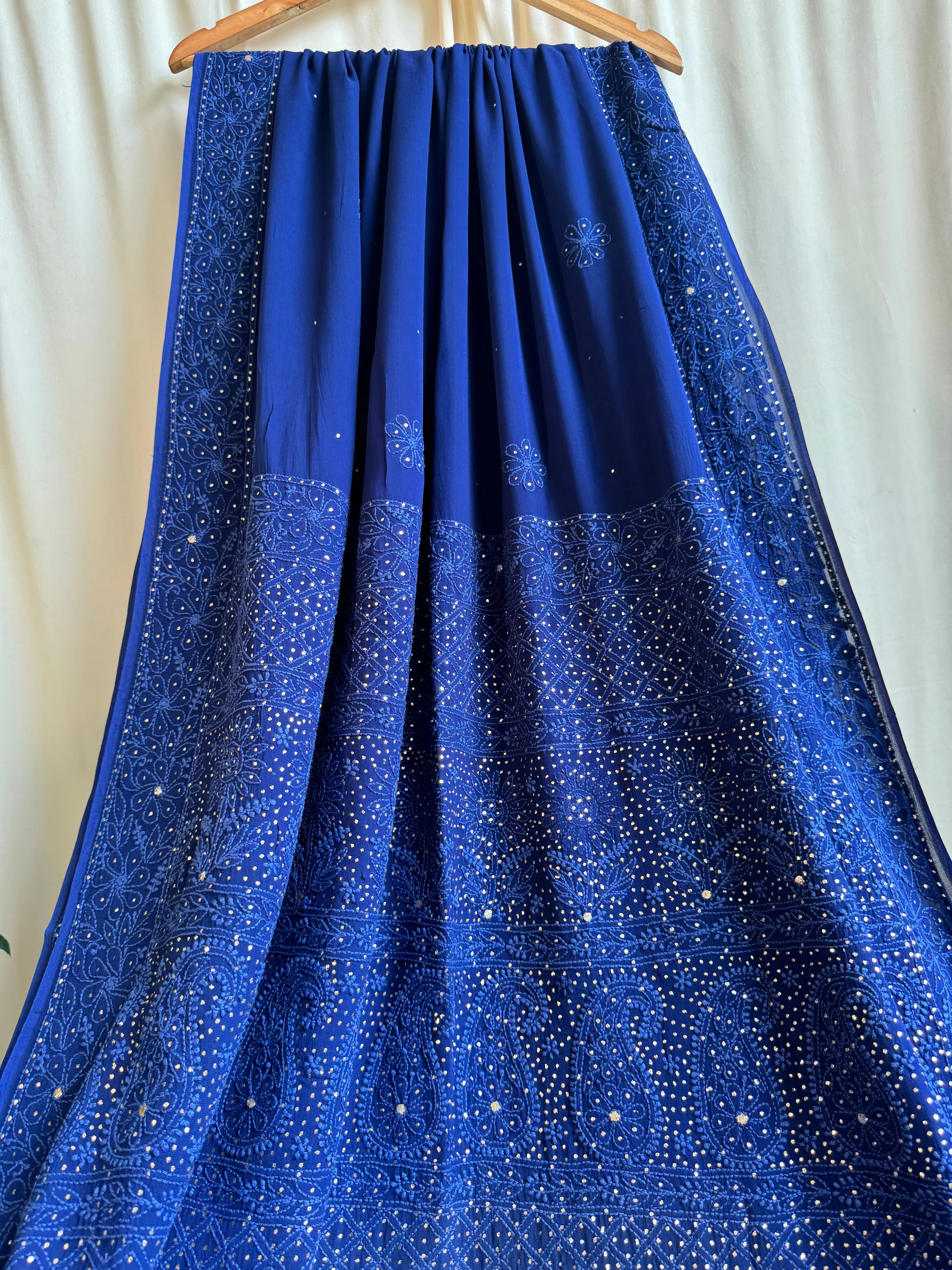 Viscose Dark Blue Chikankari saree with Mukaish Work ARIAA CHIKANKARI