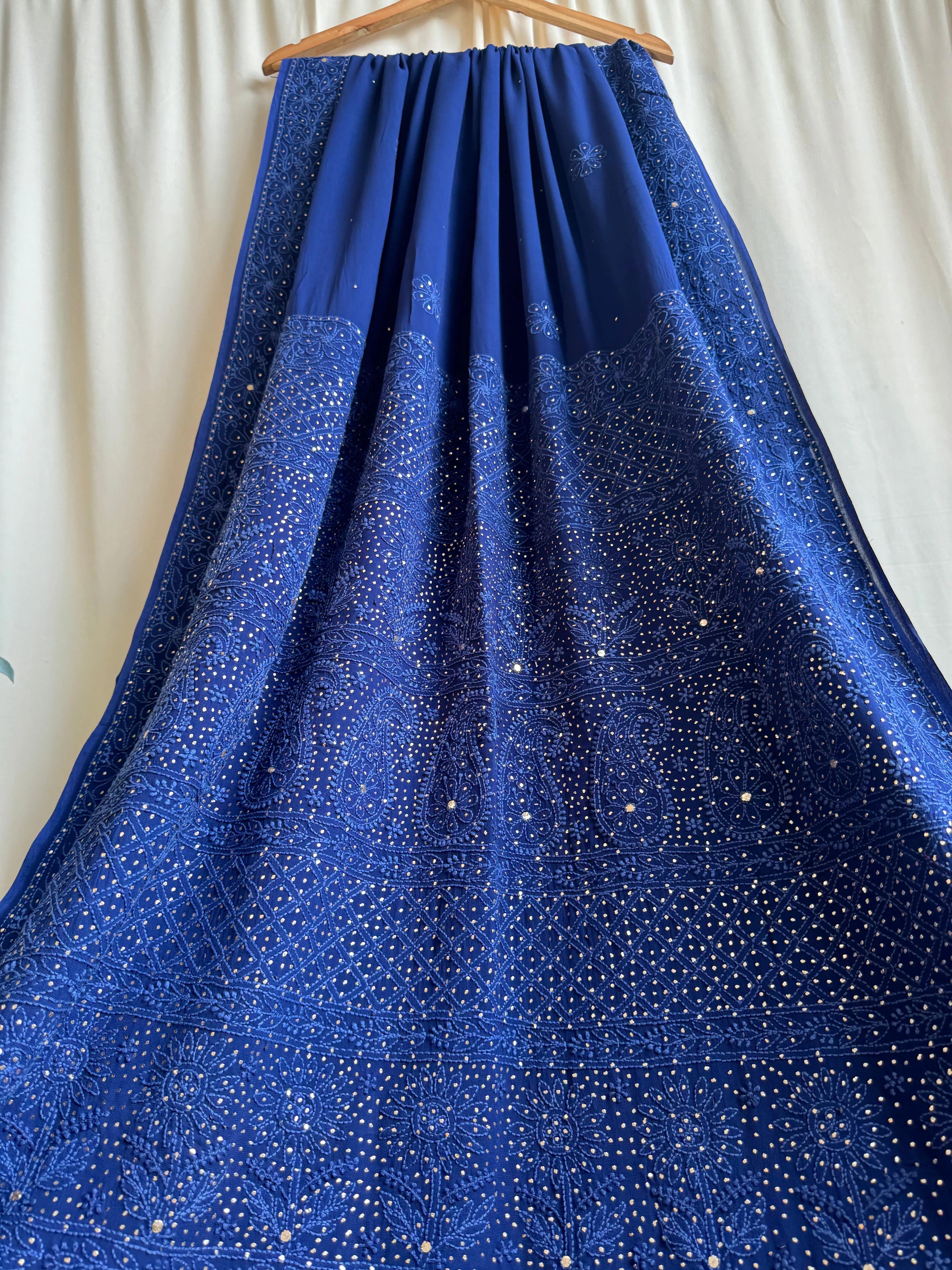 Viscose Dark Blue Chikankari saree with Mukaish Work ARIAA CHIKANKARI