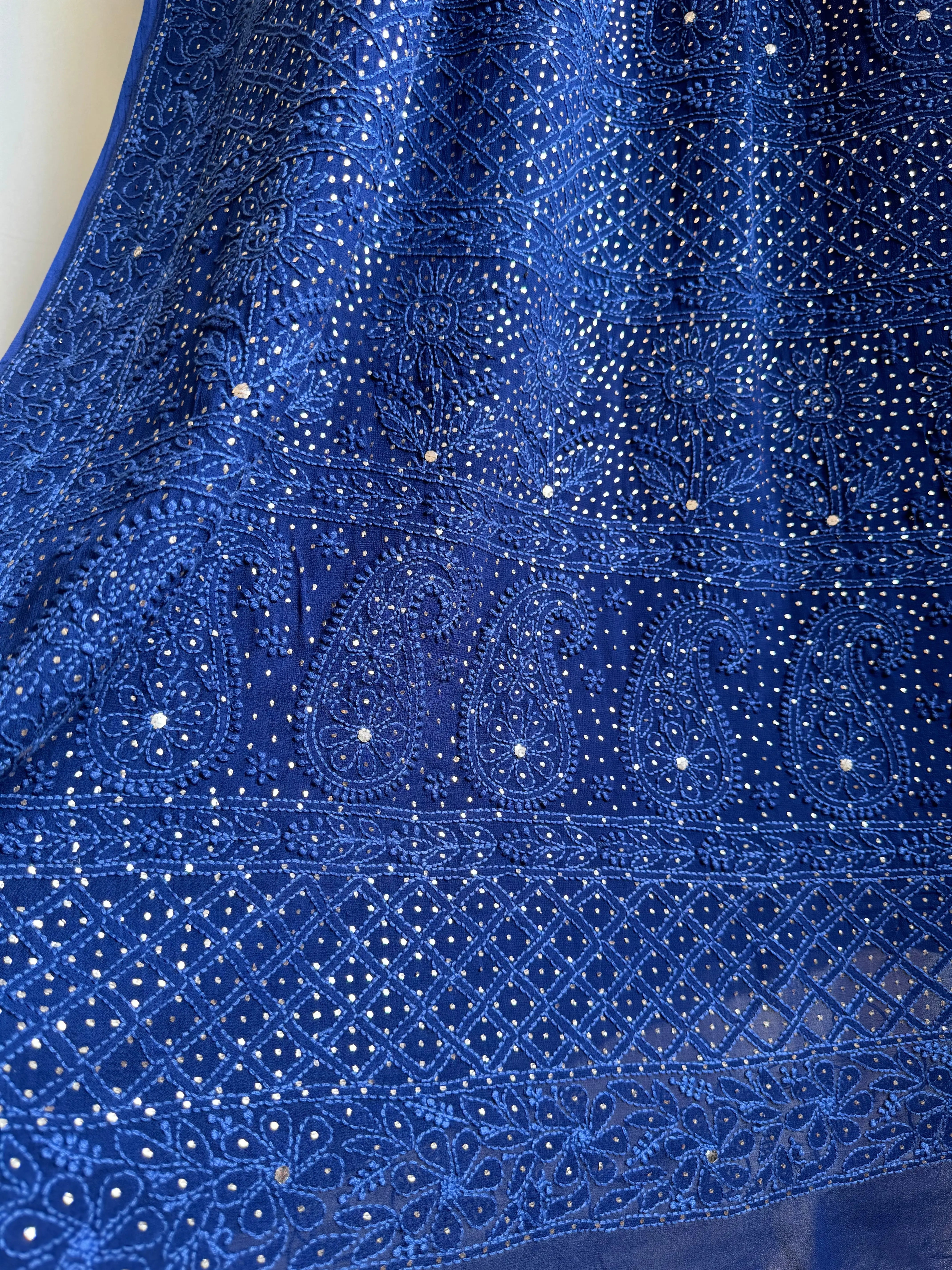Viscose Dark Blue Chikankari saree with Mukaish Work ARIAA CHIKANKARI