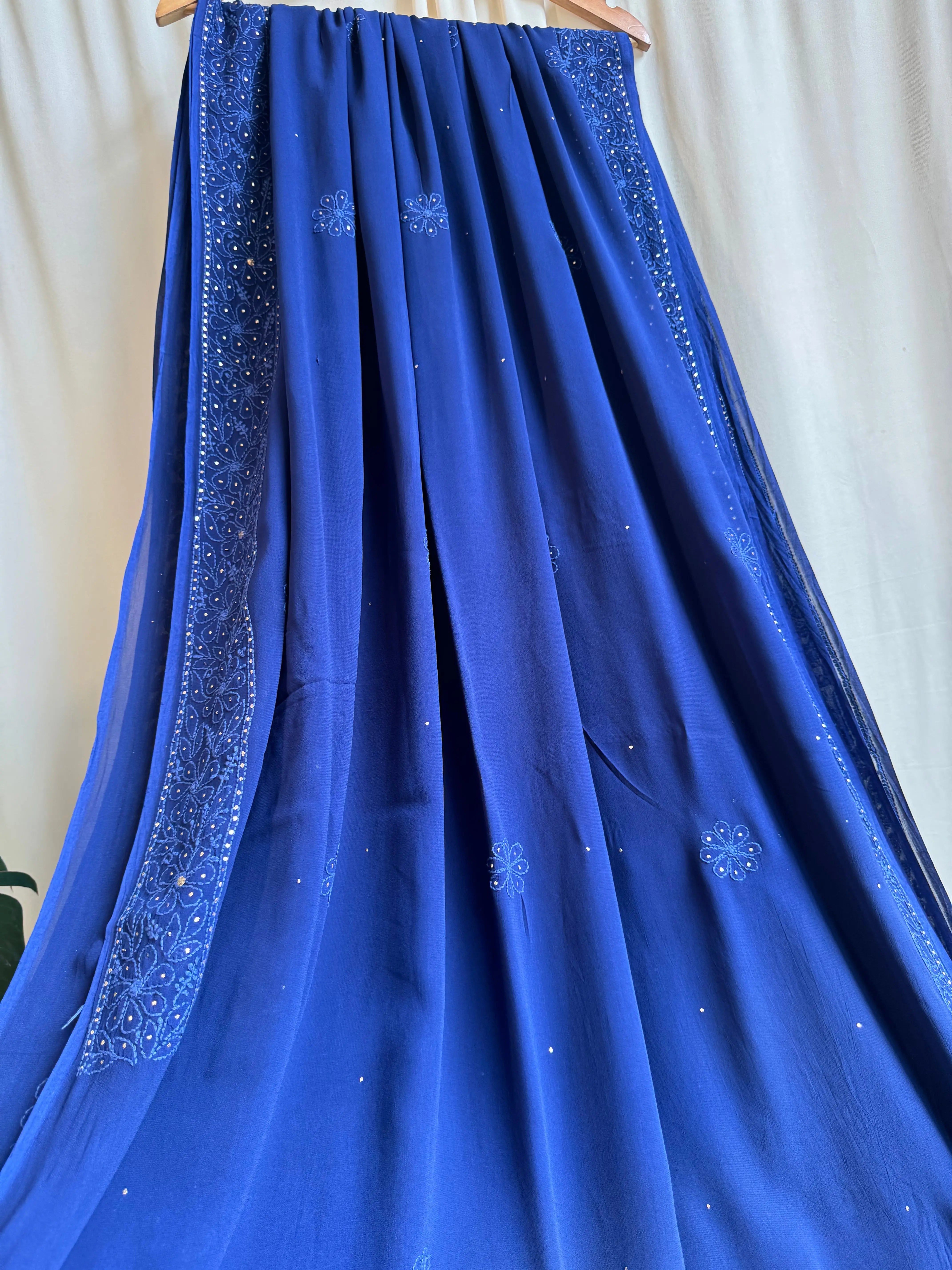 Viscose Dark Blue Chikankari saree with Mukaish Work ARIAA CHIKANKARI