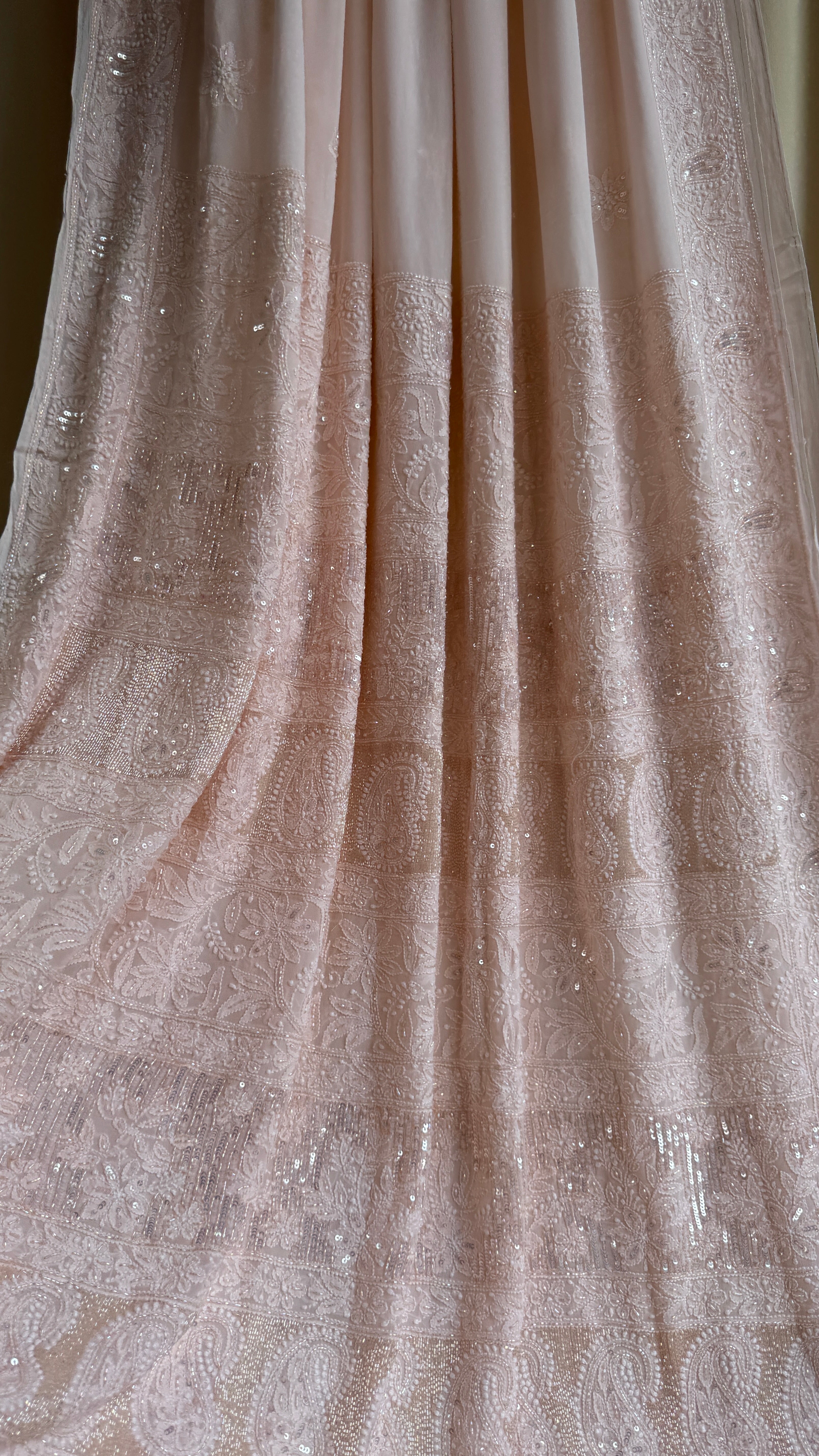 Viscose Chikankari saree with Pearl embellishments - Peach