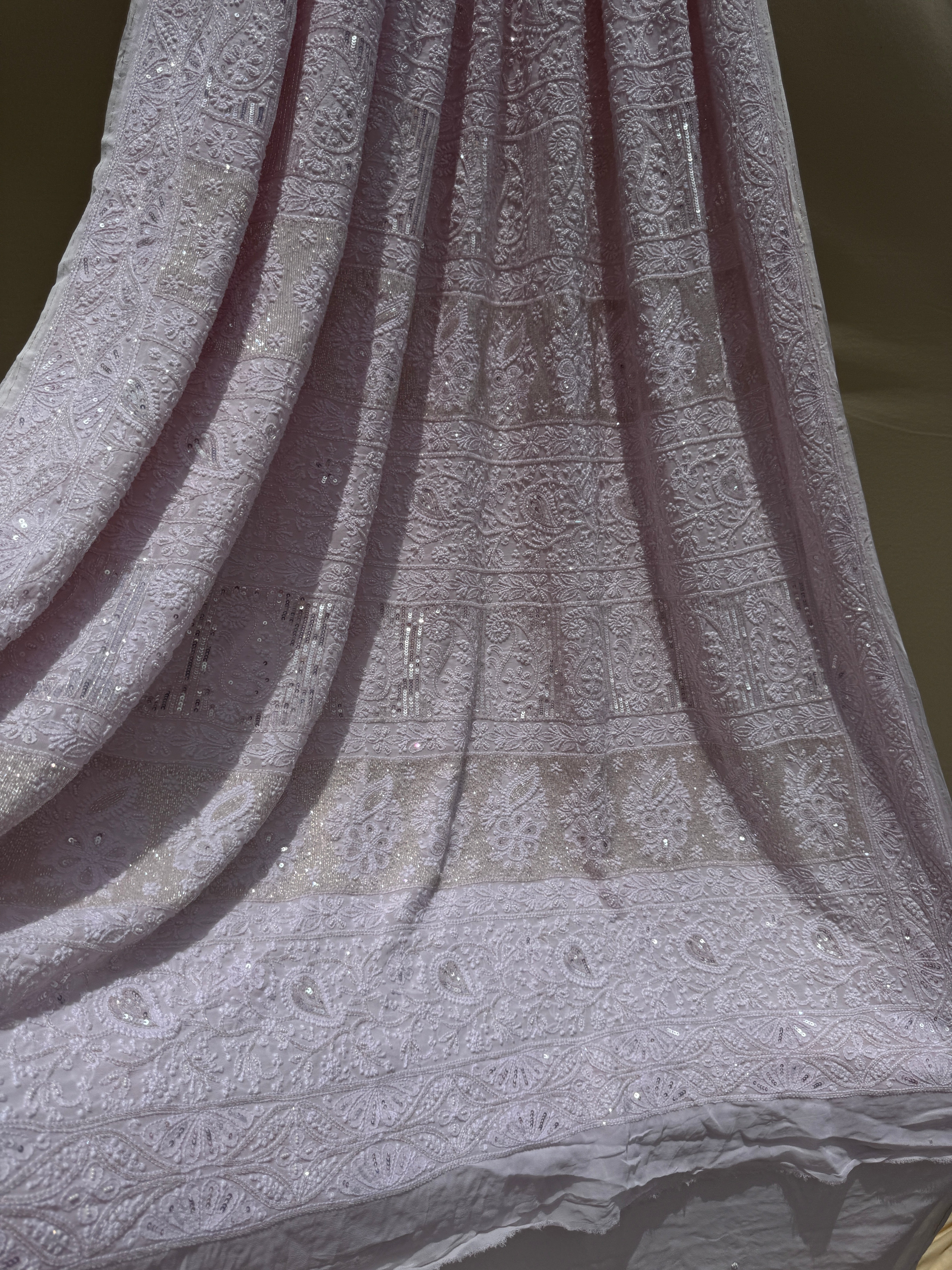 Viscose Baby Pink Chikankari saree with Pearl embellishments ARIAA CHIKANKARI