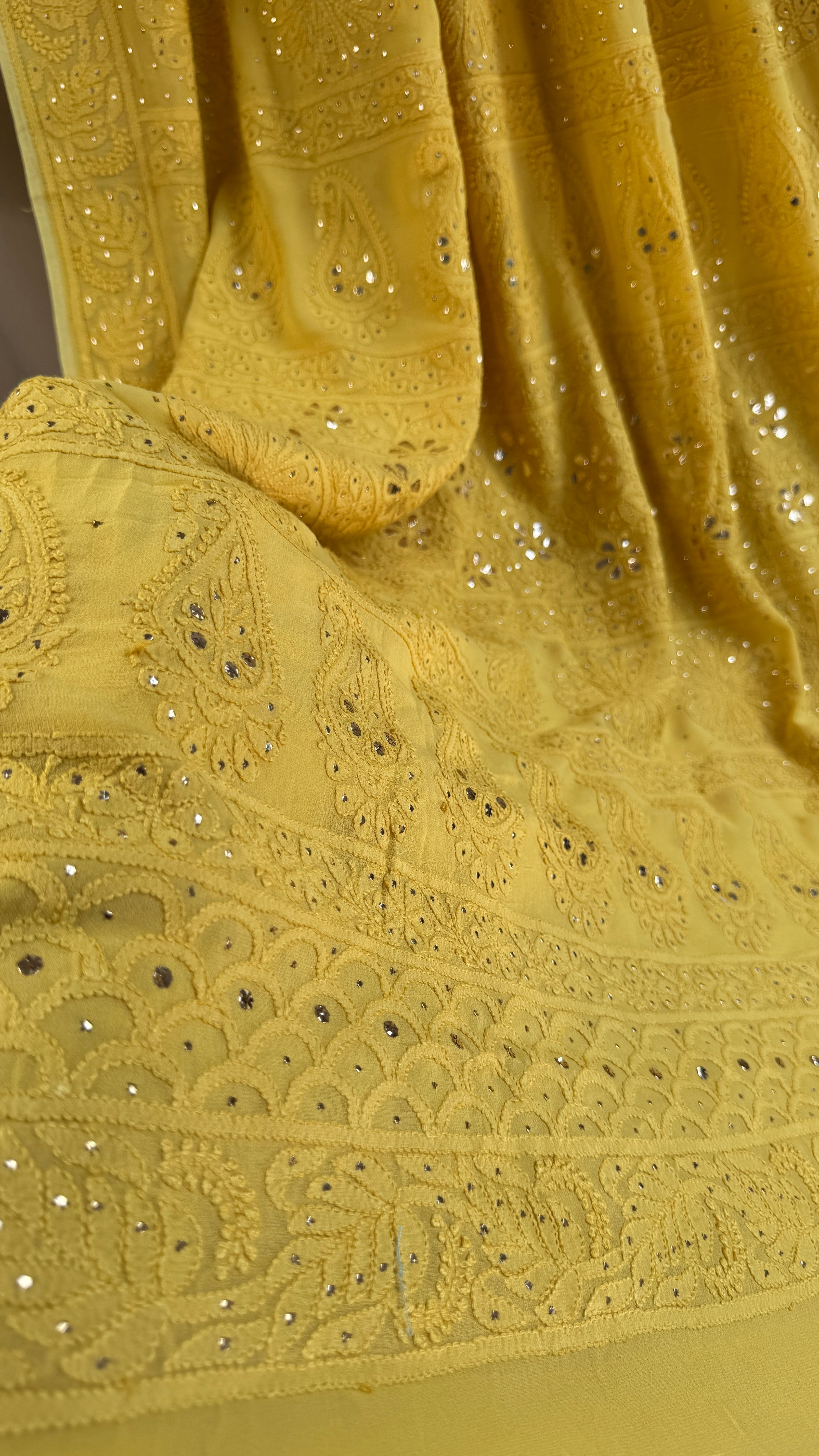 Viscose Canary Yellow Chikankari saree with Mukaish Work