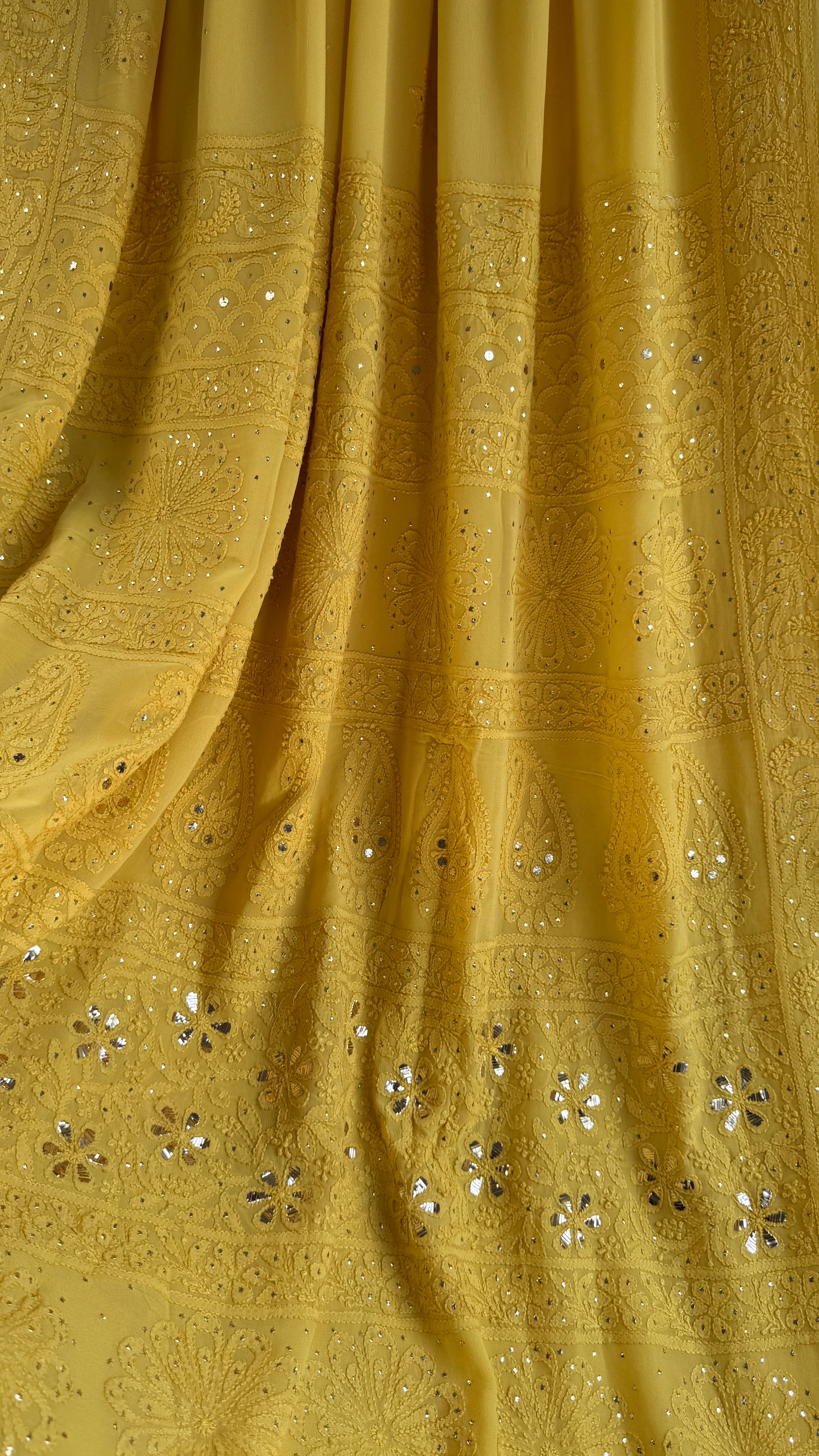 Viscose Canary Yellow Chikankari saree with Mukaish Work