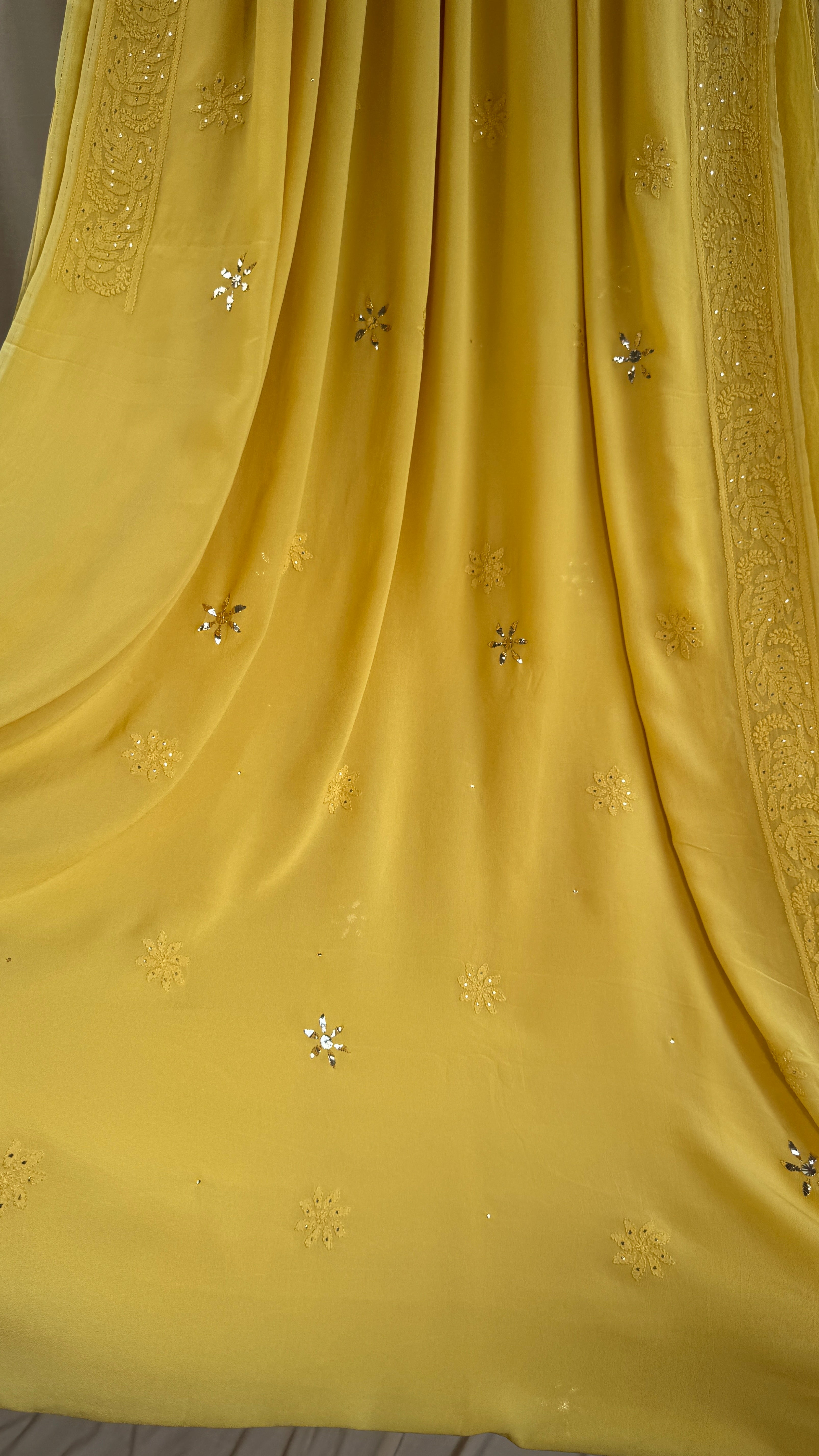 Viscose Canary Yellow Chikankari saree with Mukaish Work