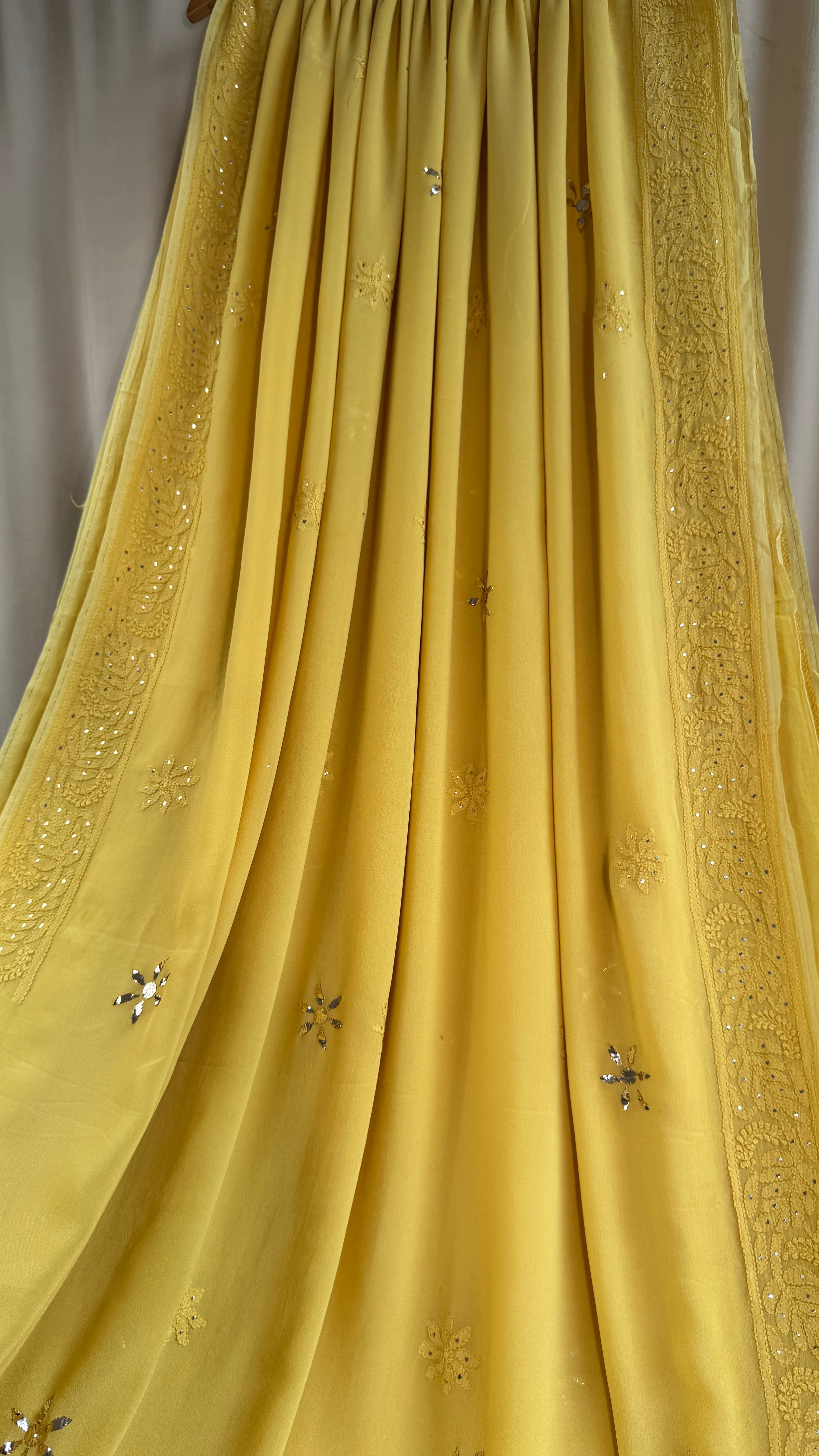 Viscose Canary Yellow Chikankari saree with Mukaish Work