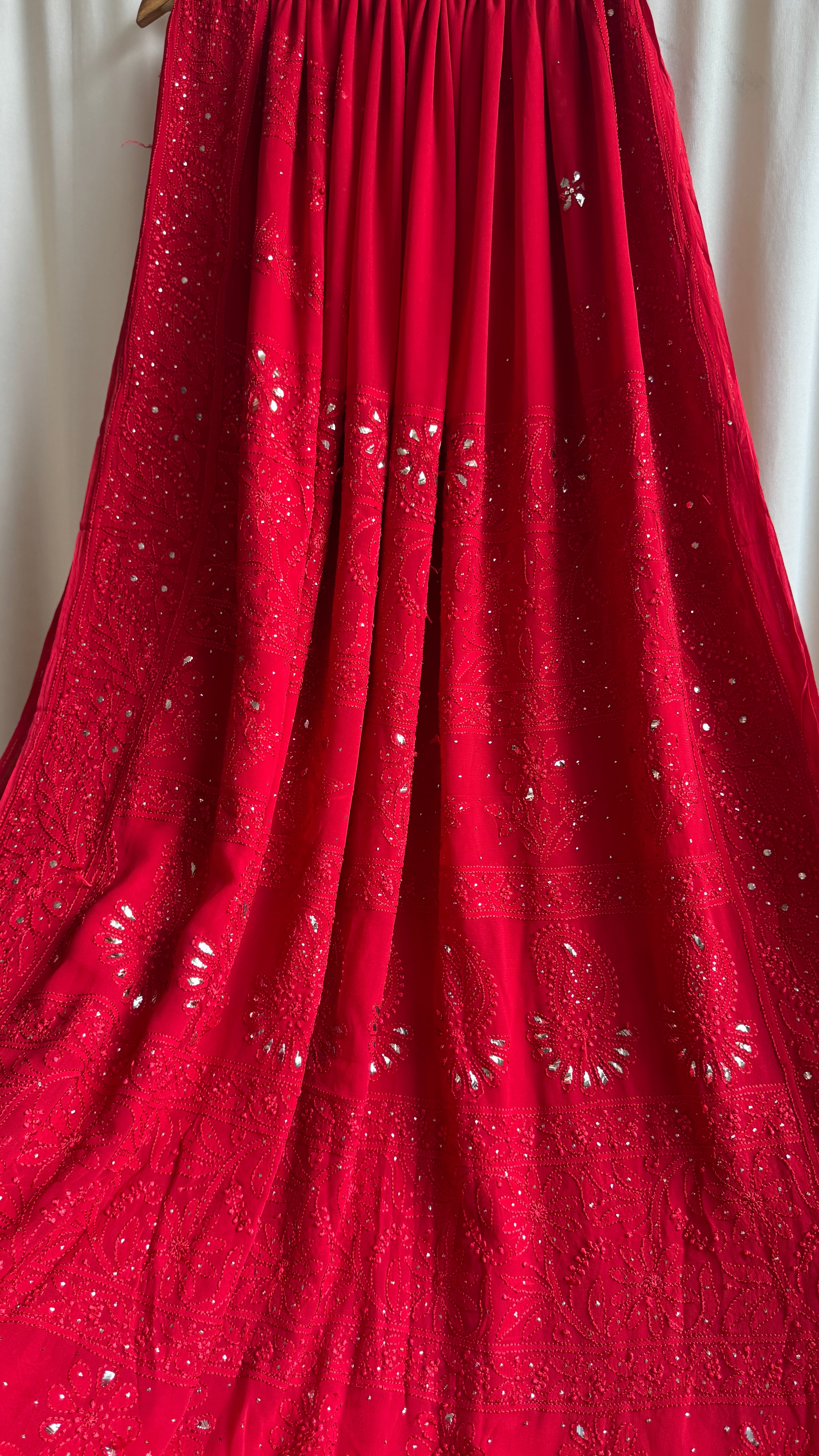 Viscose Red Chikankari saree with Mukaish Work