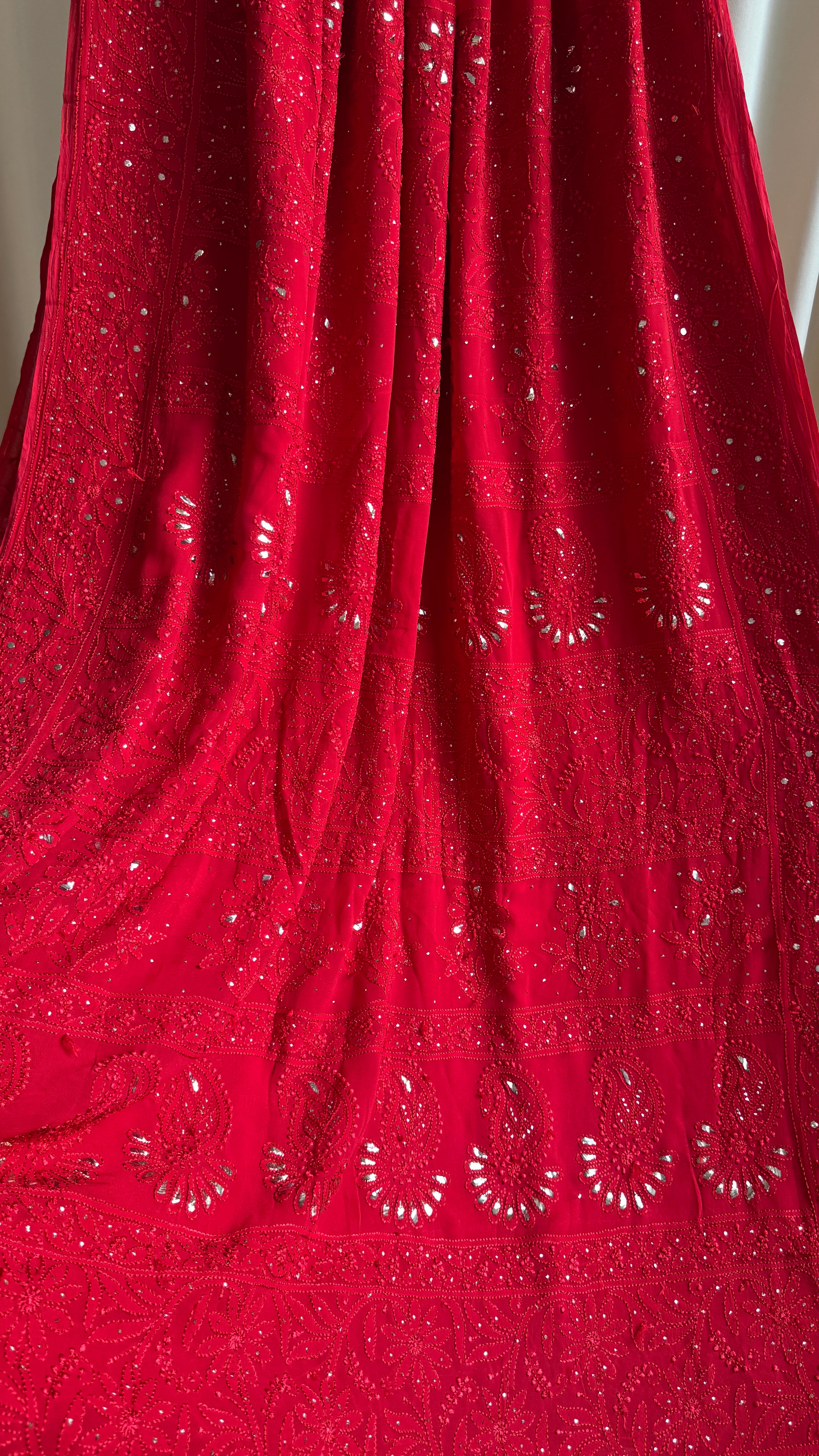 Viscose Red Chikankari saree with Mukaish Work