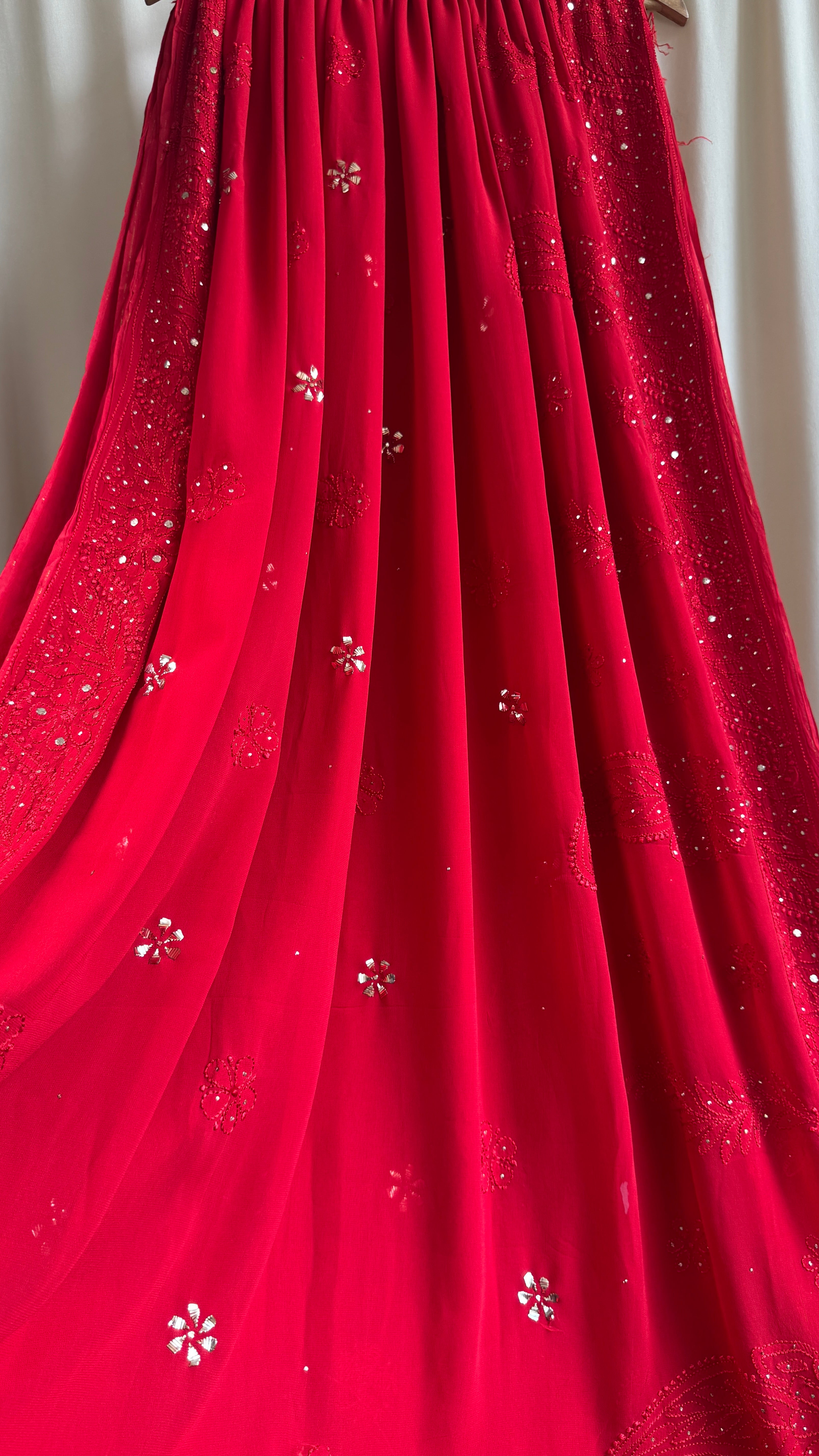 Viscose Red Chikankari saree with Mukaish Work
