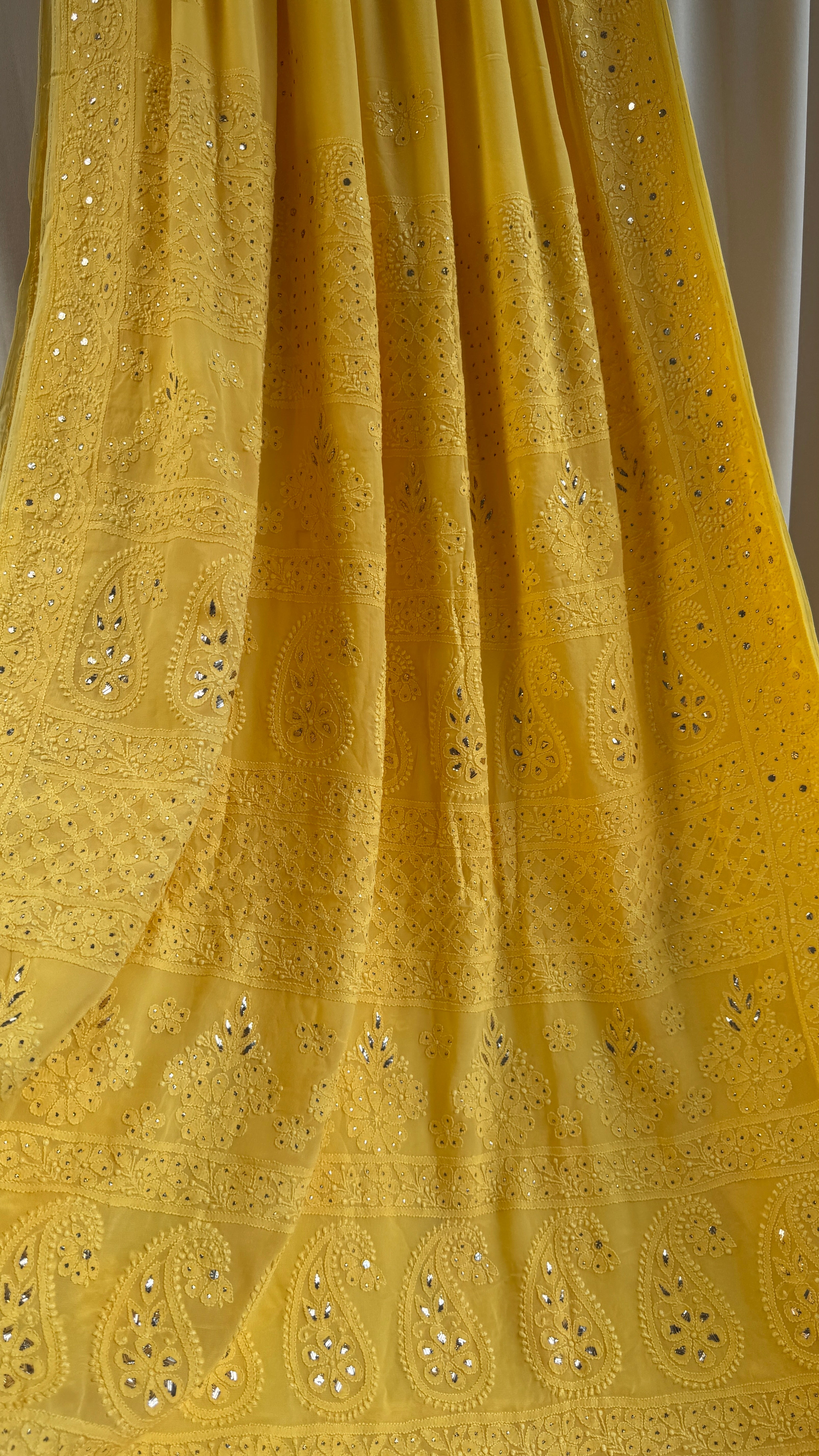 Viscose Yellow Chikankari saree with Mukaish Work