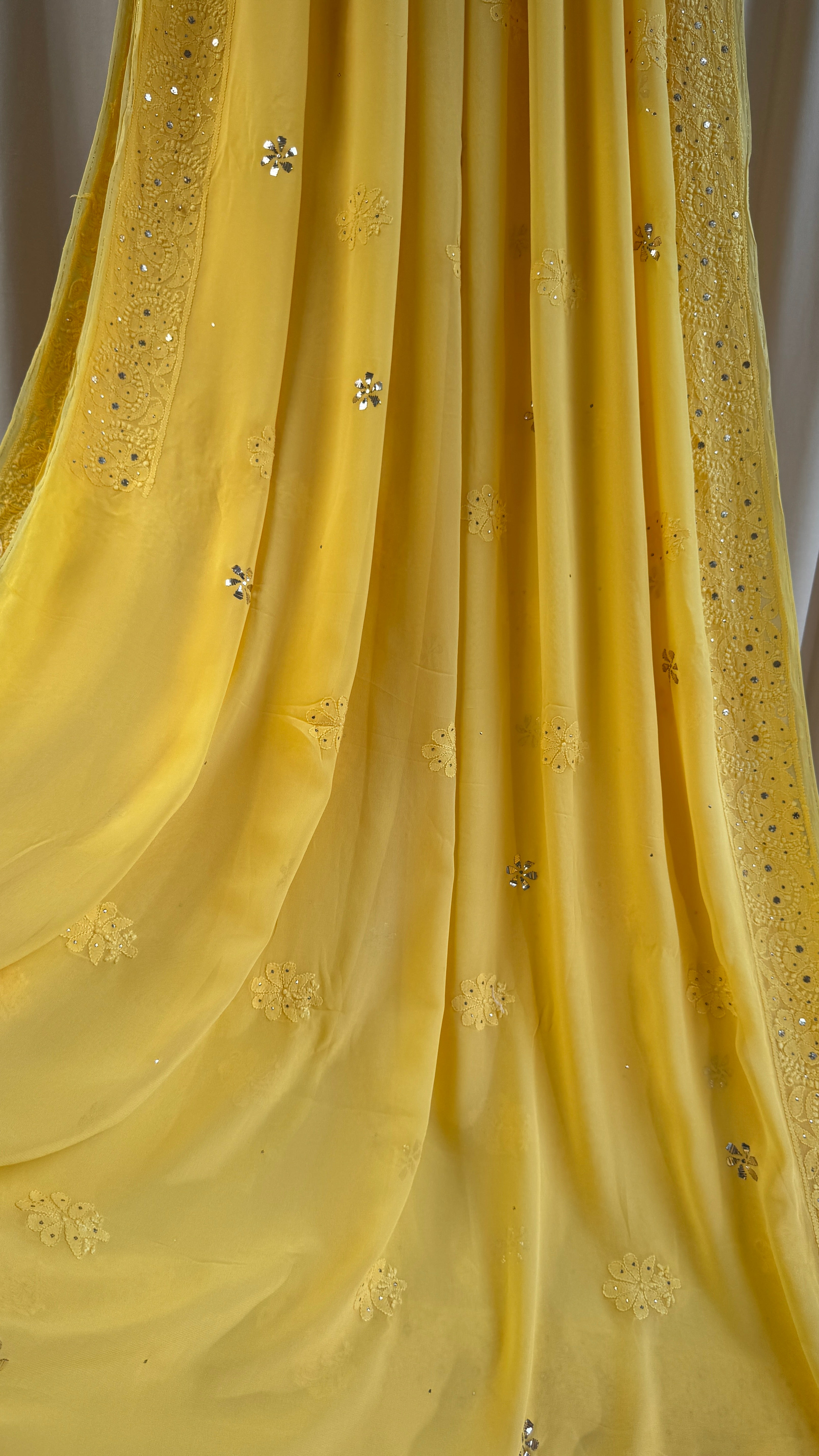 Viscose Yellow Chikankari saree with Mukaish Work