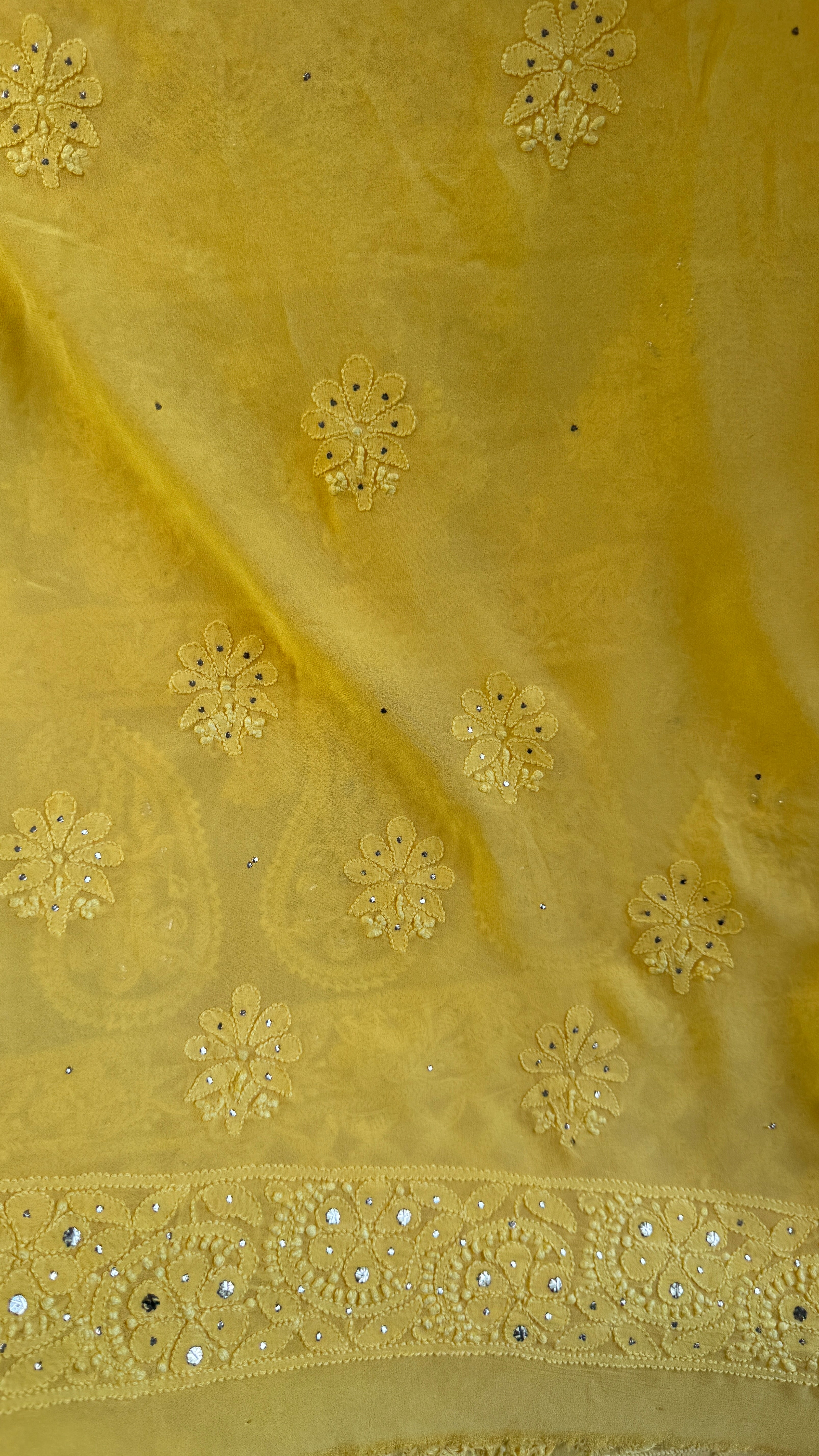 Viscose Yellow Chikankari saree with Mukaish Work
