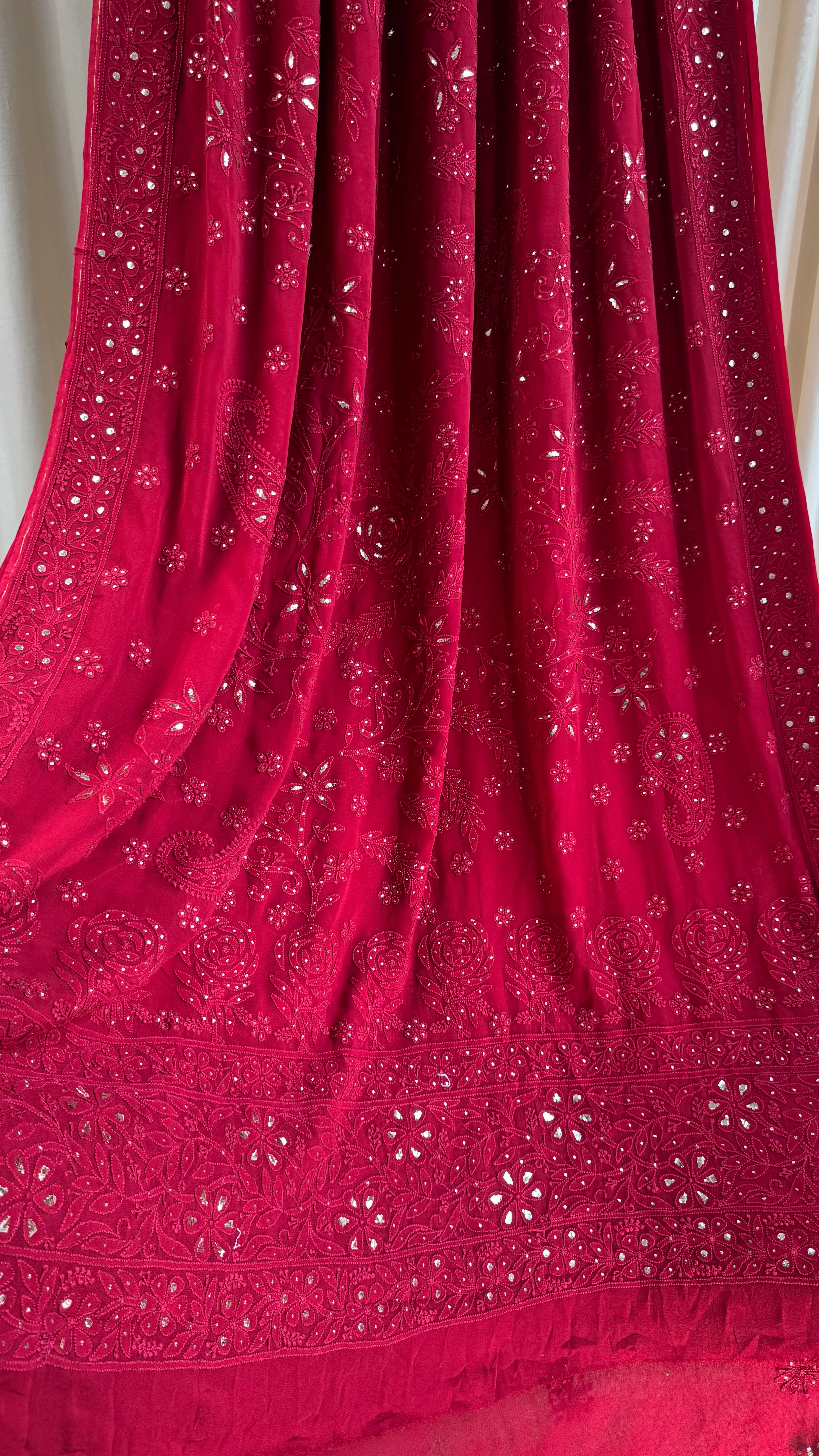 Viscose Maroon Chikankari saree with Mukaish Work