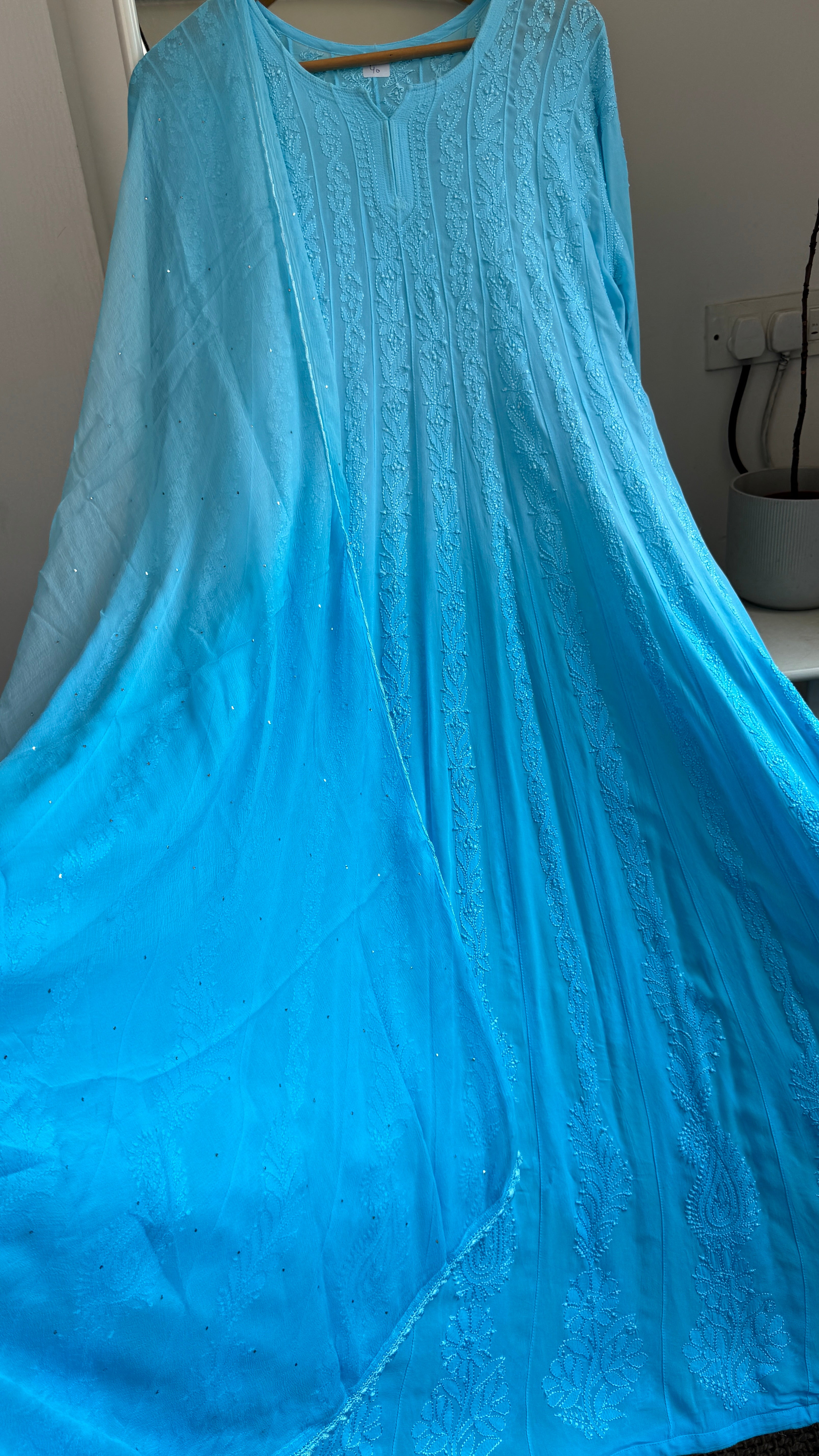 Viscose Chikankari Anarkali - Firozi Blue Ombre