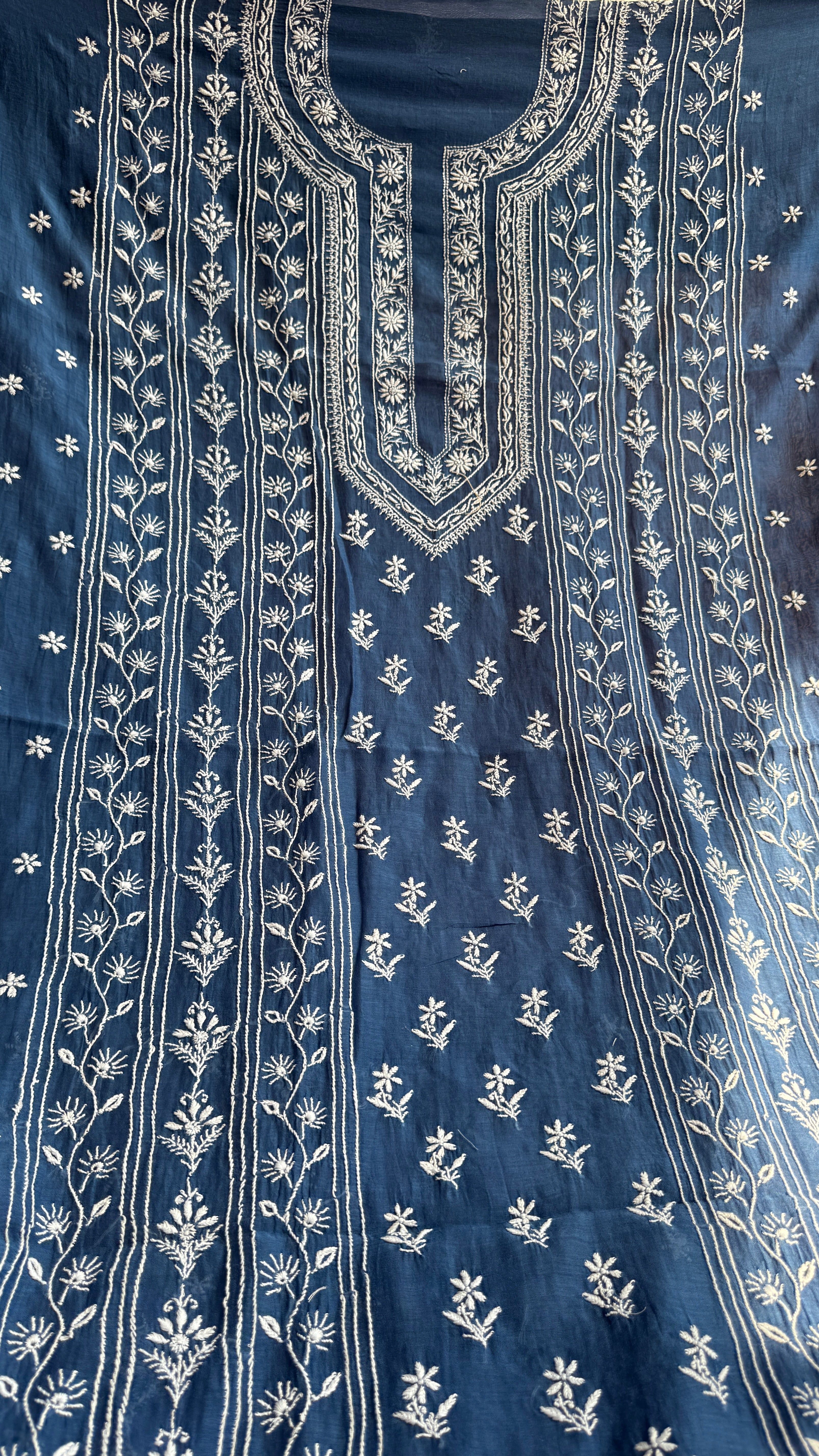 Mul Chanderi Chikankari Unstitched Length with Dupatta - Navy Blue