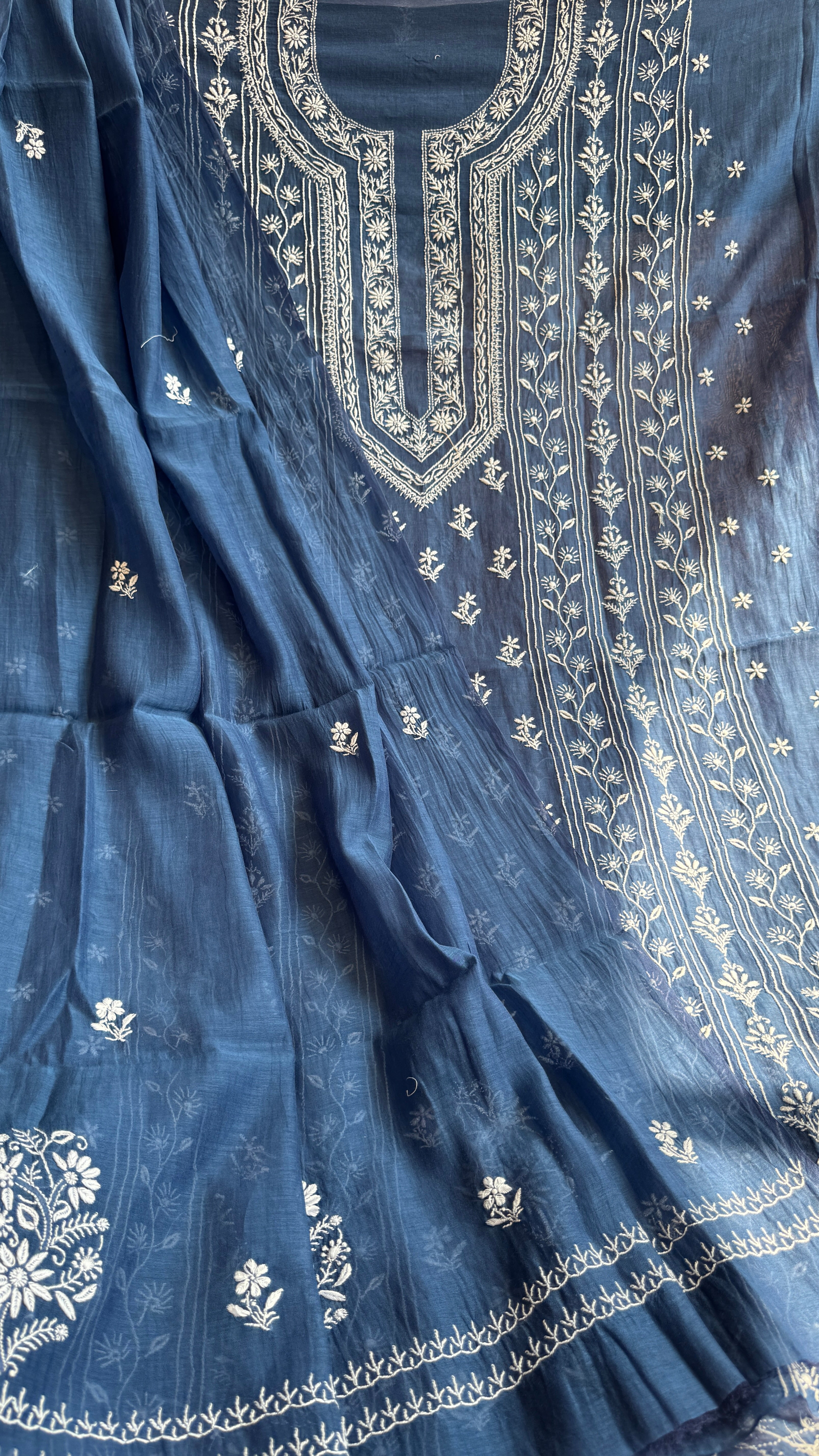 Mul Chanderi Chikankari Unstitched Length with Dupatta - Navy Blue