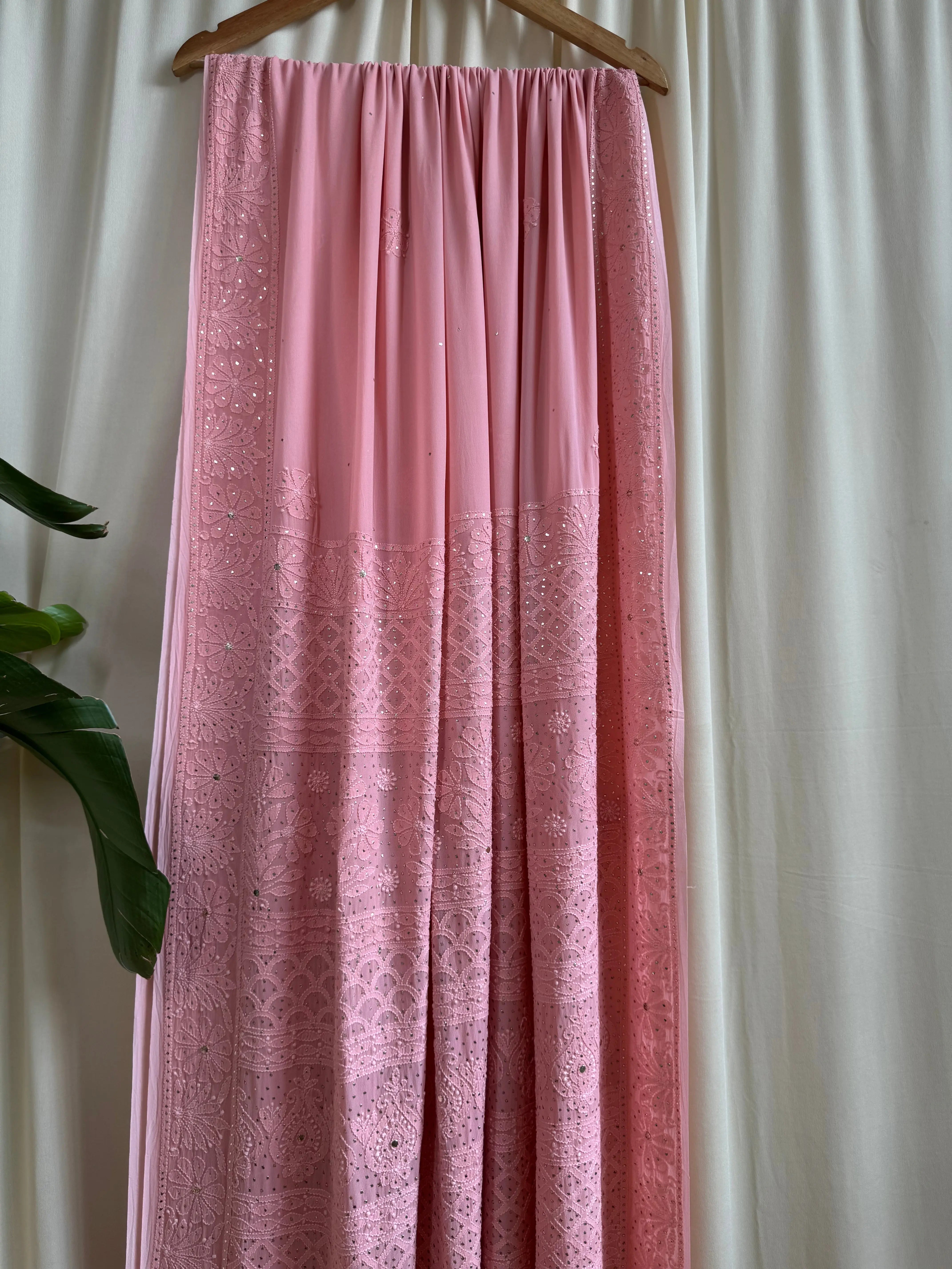 Viscose Peach Chikankari saree with Mukaish Work ARIAA CHIKANKARI
