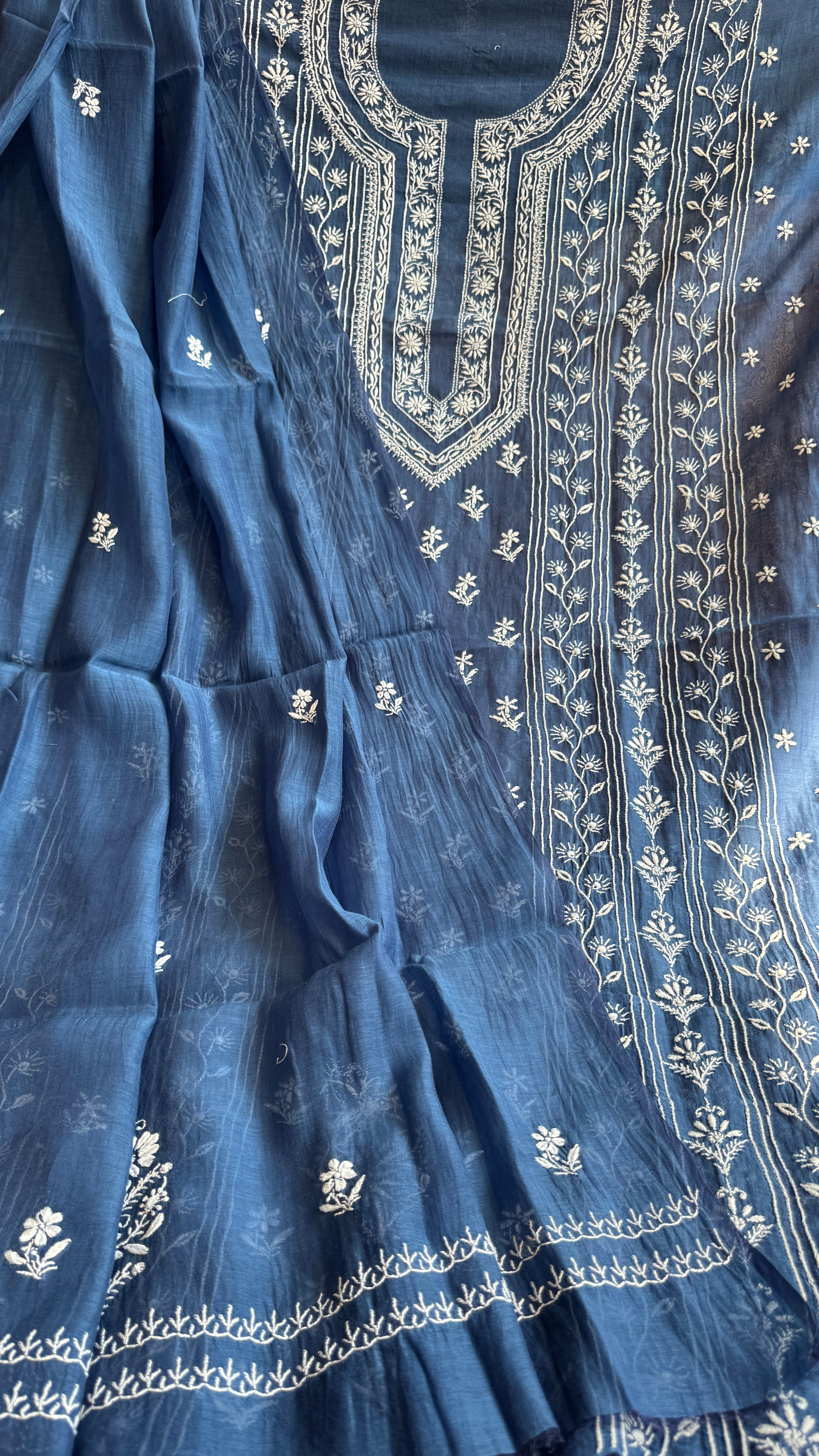 Mul Chanderi Chikankari Unstitched Length with Dupatta - Navy Blue