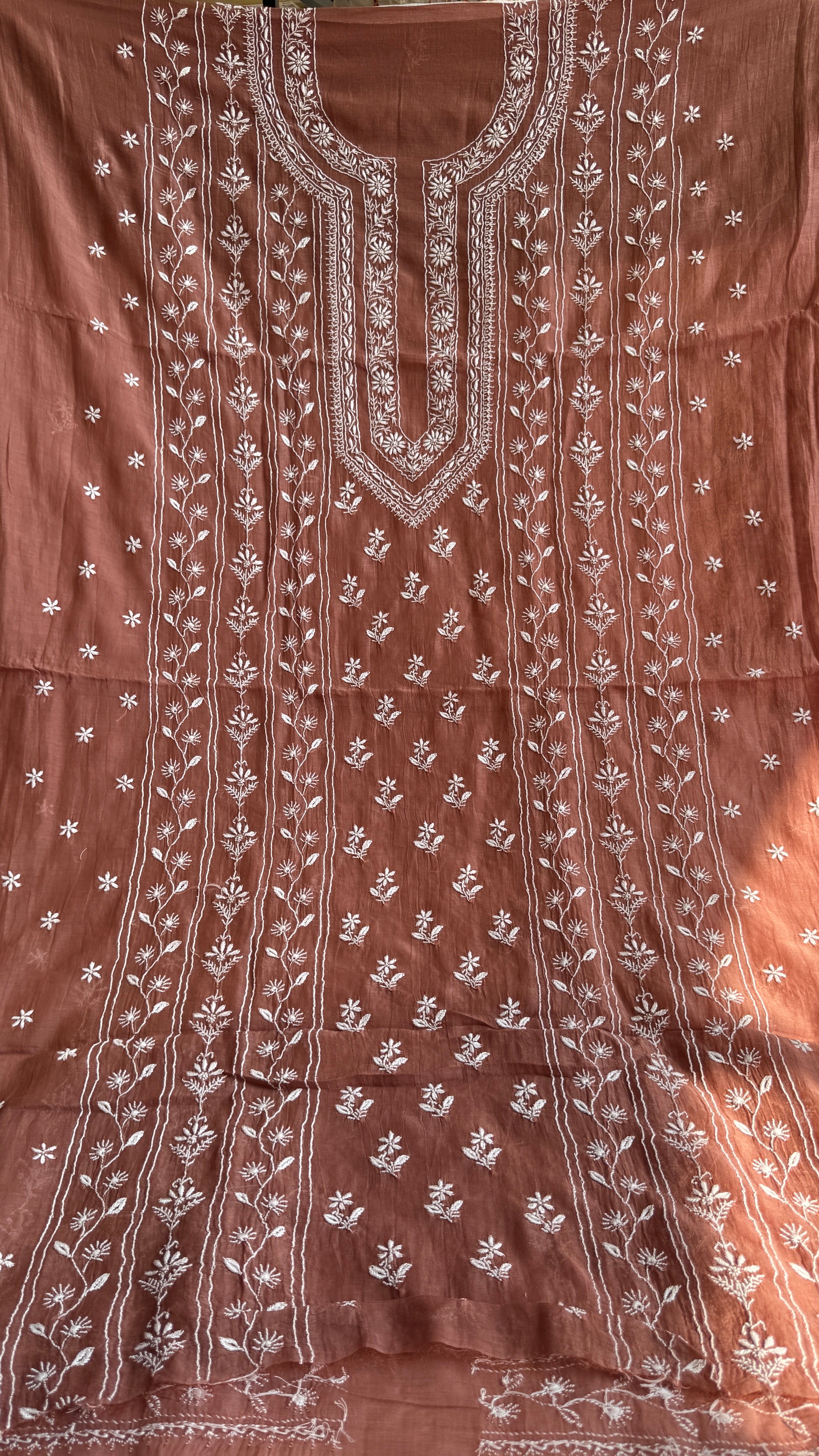 Mul Chanderi Chikankari Unstitched Length with Dupatta - Brick Brown