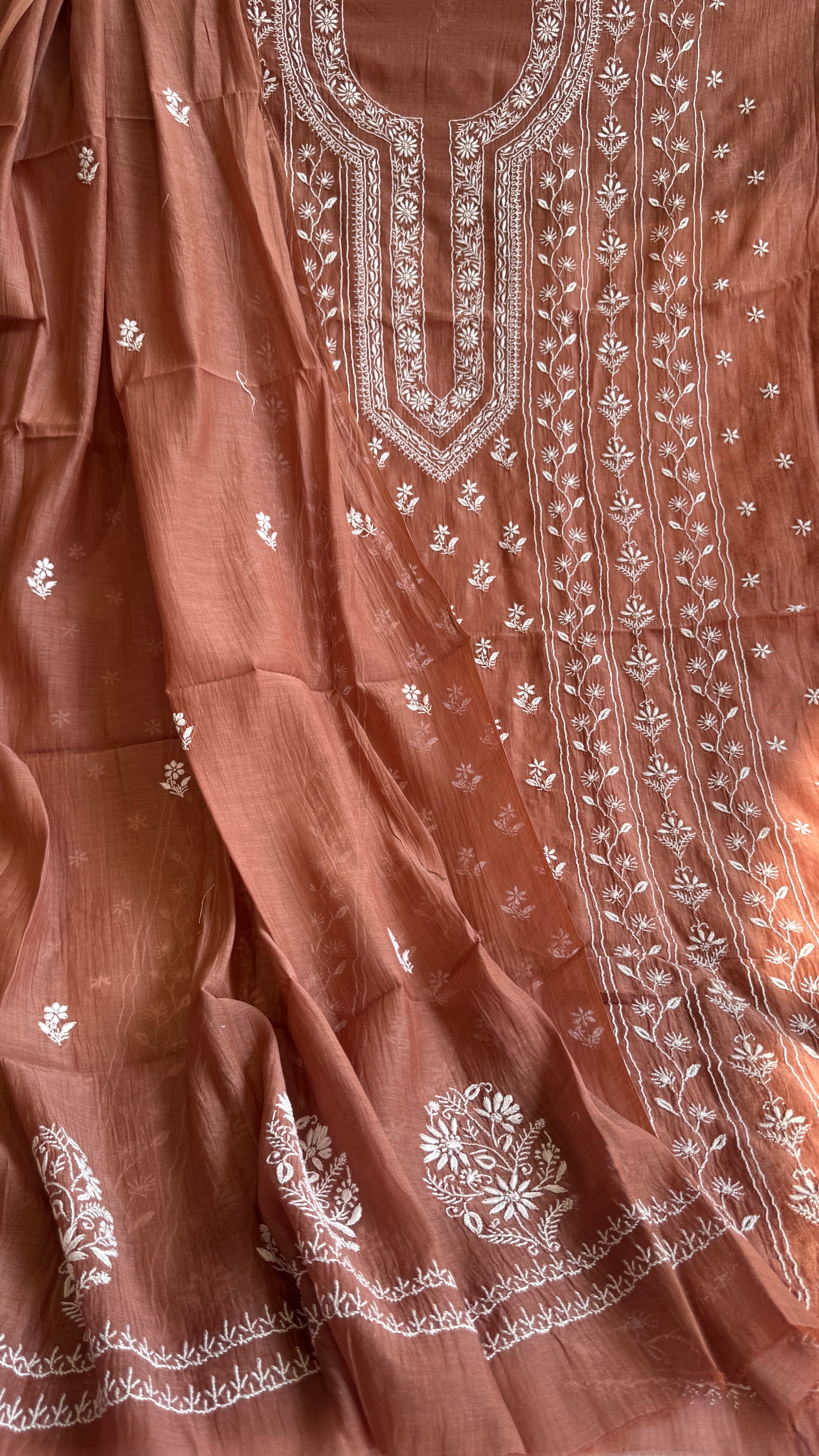 Mul Chanderi Chikankari Unstitched Length with Dupatta - Brick Brown