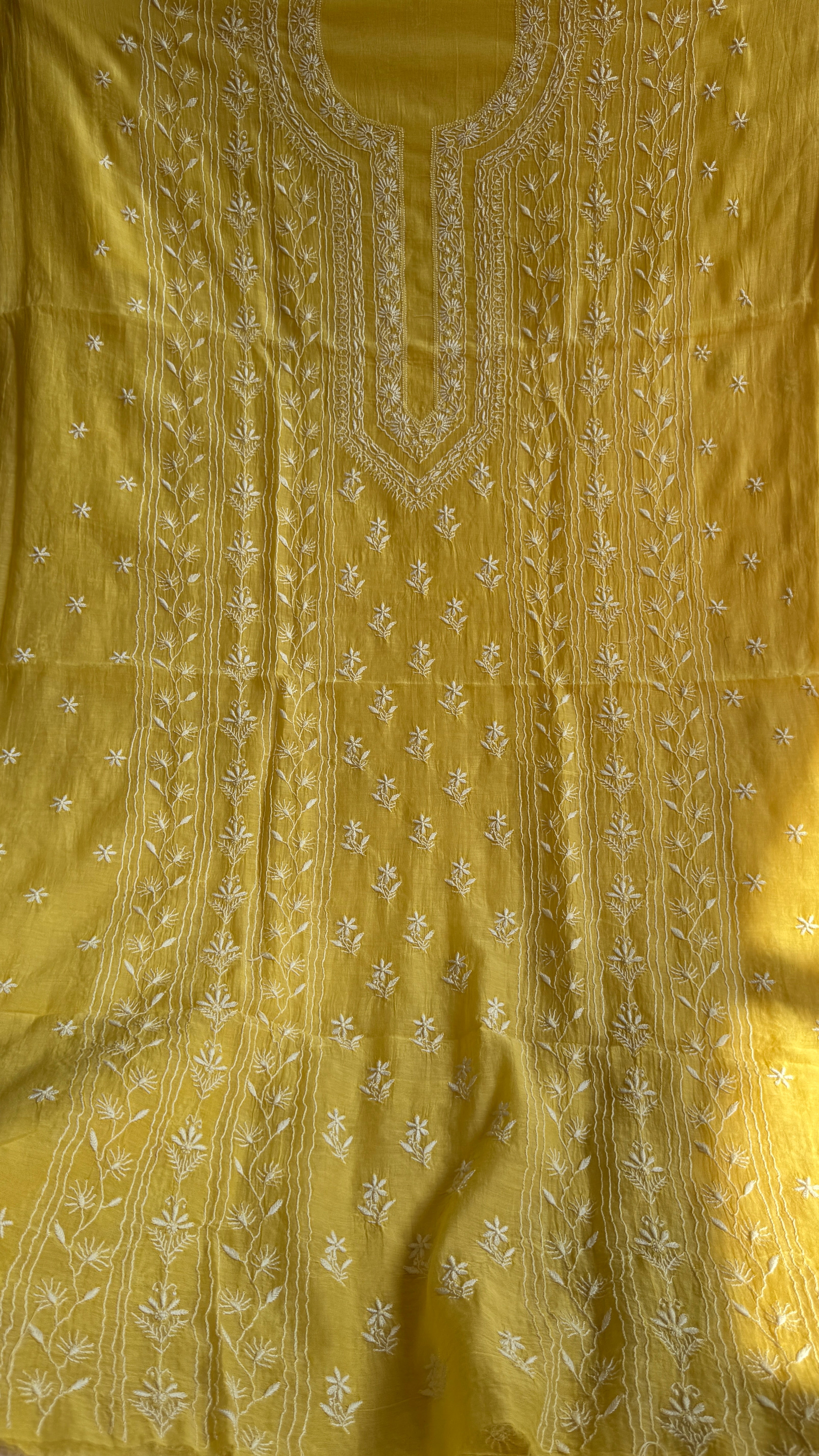 Mul Chanderi Chikankari Unstitched Length with Dupatta - Yellow