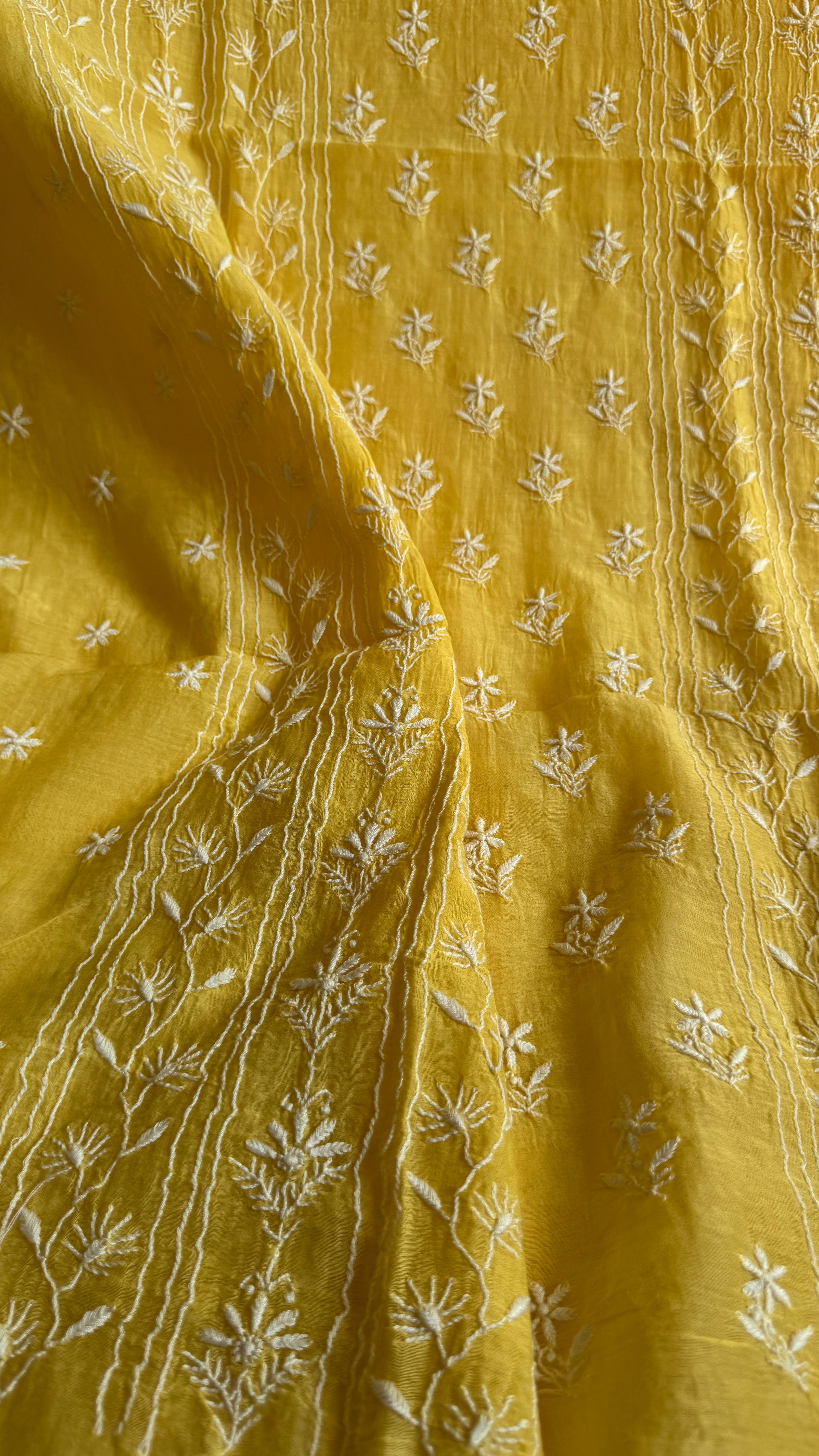 Mul Chanderi Chikankari Unstitched Length with Dupatta - Yellow